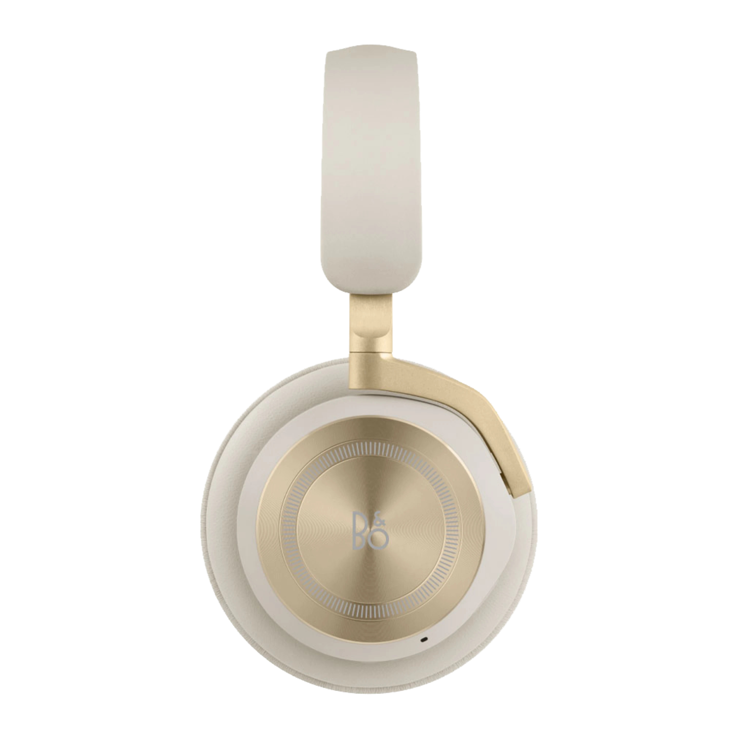 Auriculares de diadema blancos y dorados con logo B&O en la orejera.