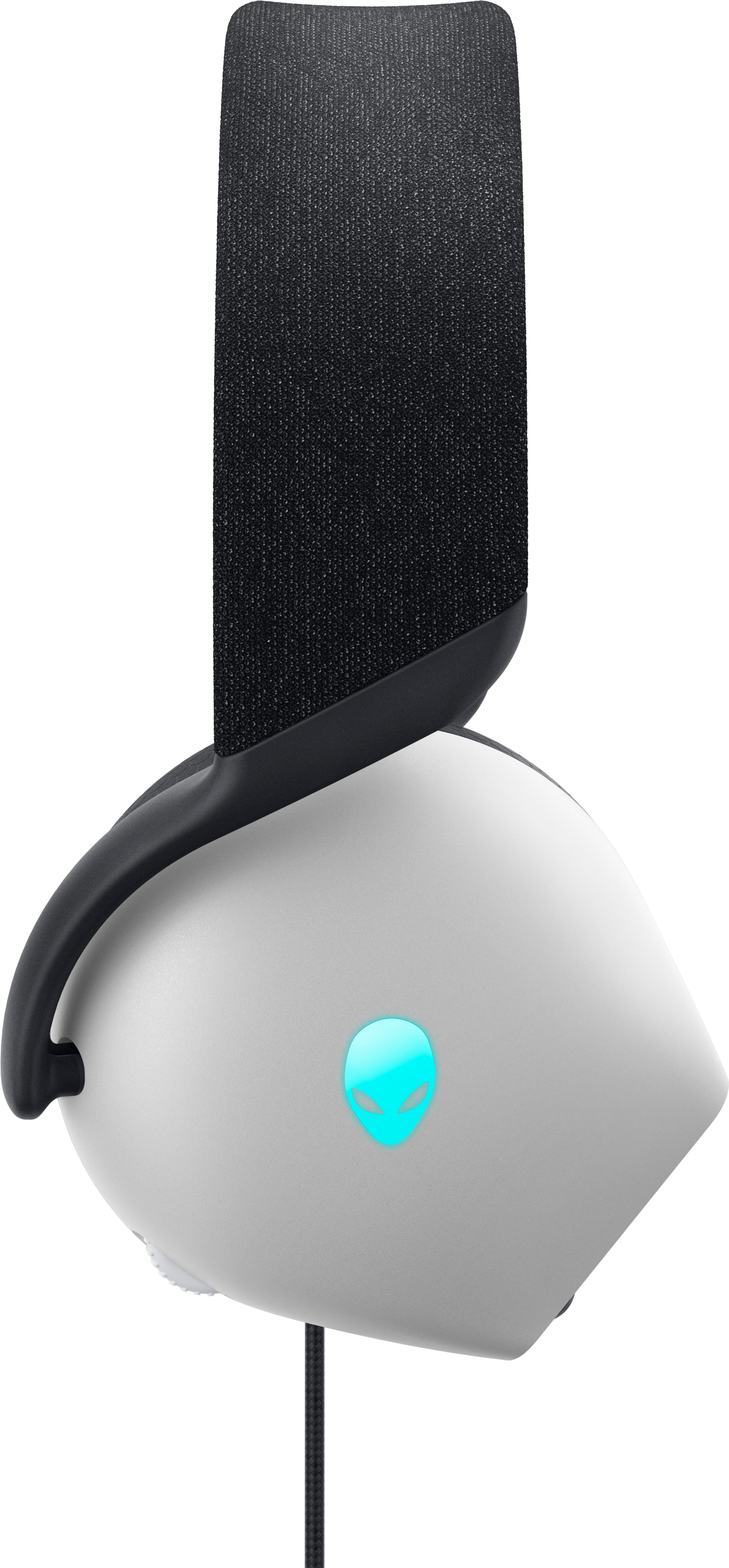 Weißes Gaming-Headset. Das Headset hat ein schwarzes Kopfband und eine weiße Ohrmuschel mit blauem Logo.