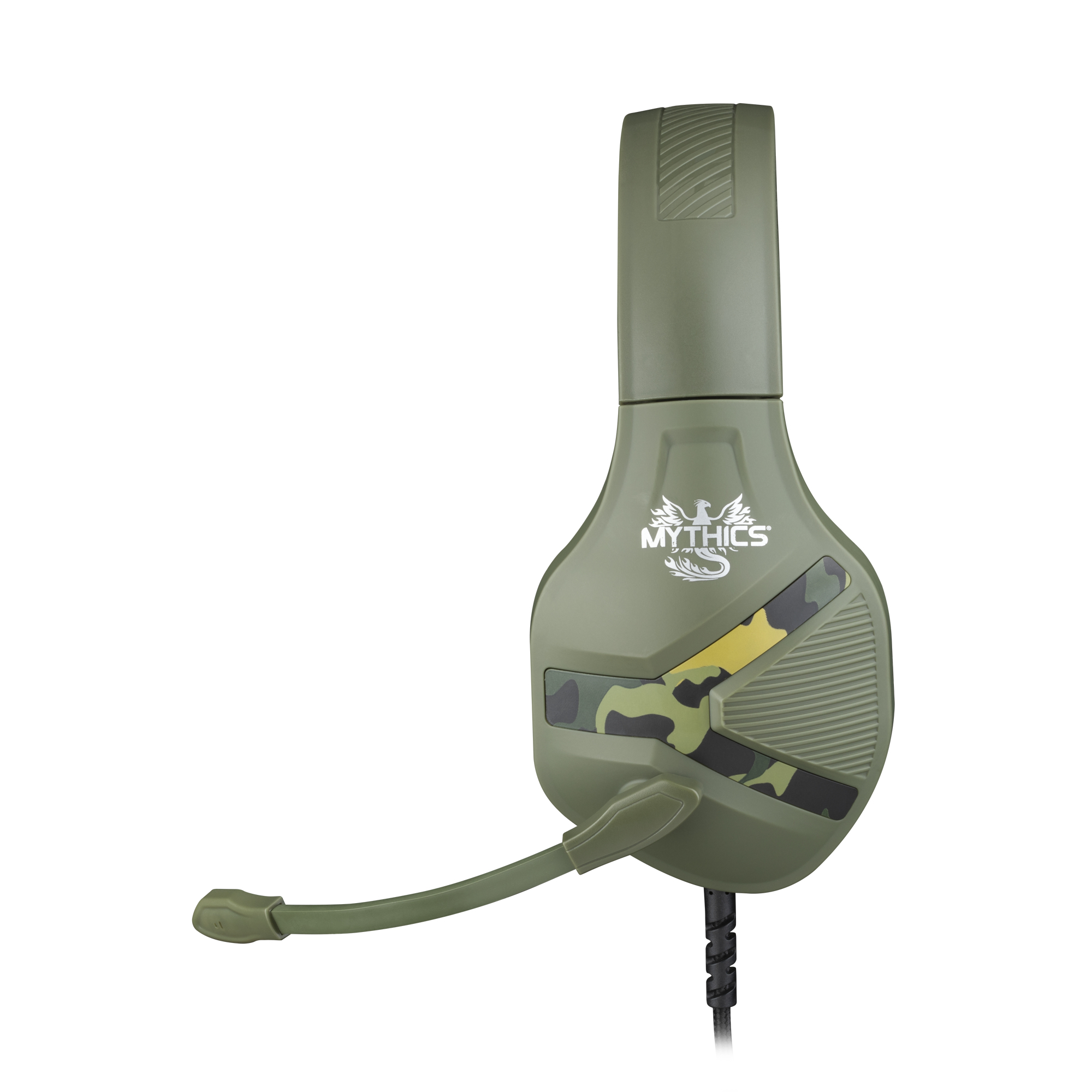 Zielony i kamuflażowy zestaw słuchawkowy dla graczy z mikrofonem, na białym tle.