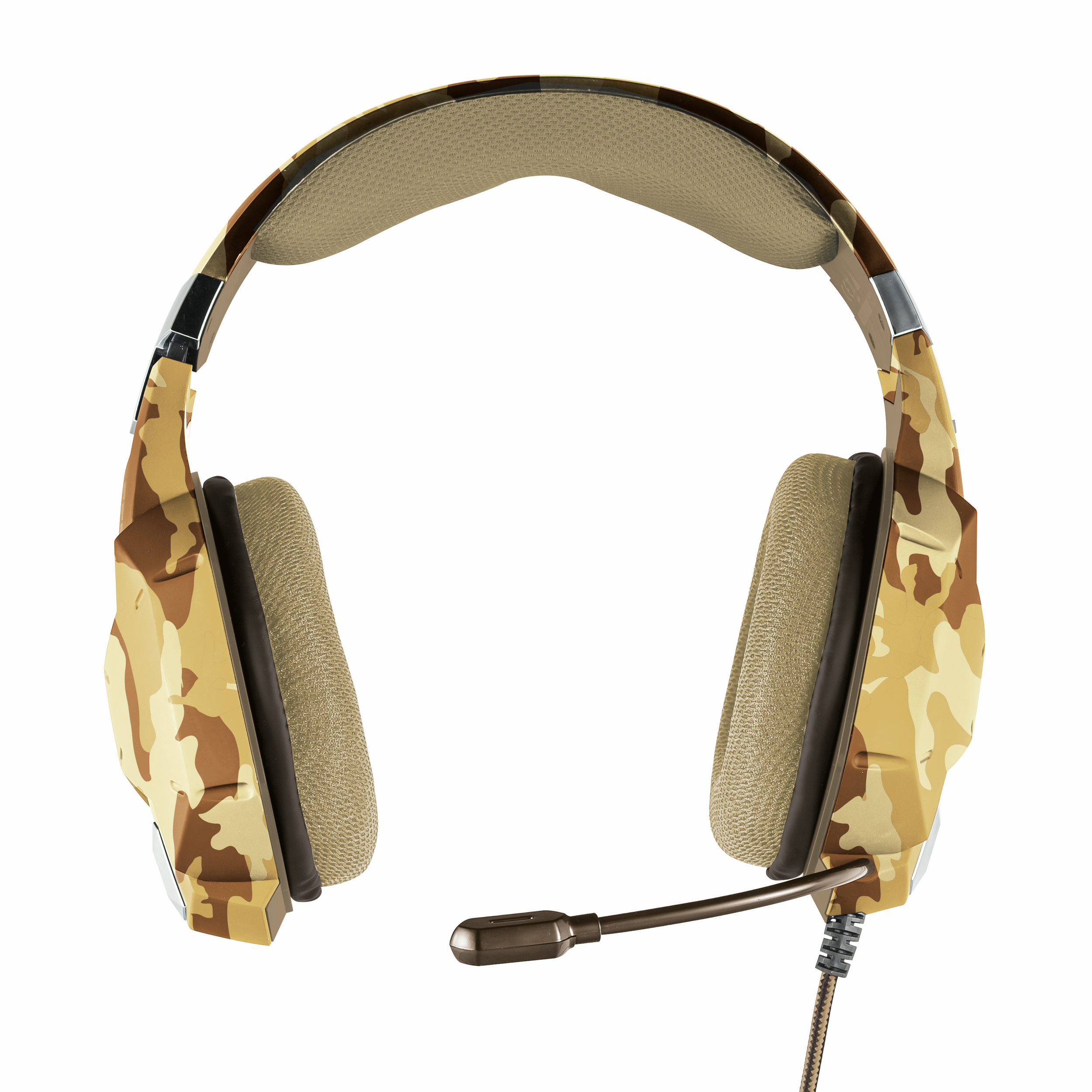 Camouflage-Headset mit Mikrofon. Das Headset befindet sich auf weißem Hintergrund und ist auf die Kamera gerichtet.