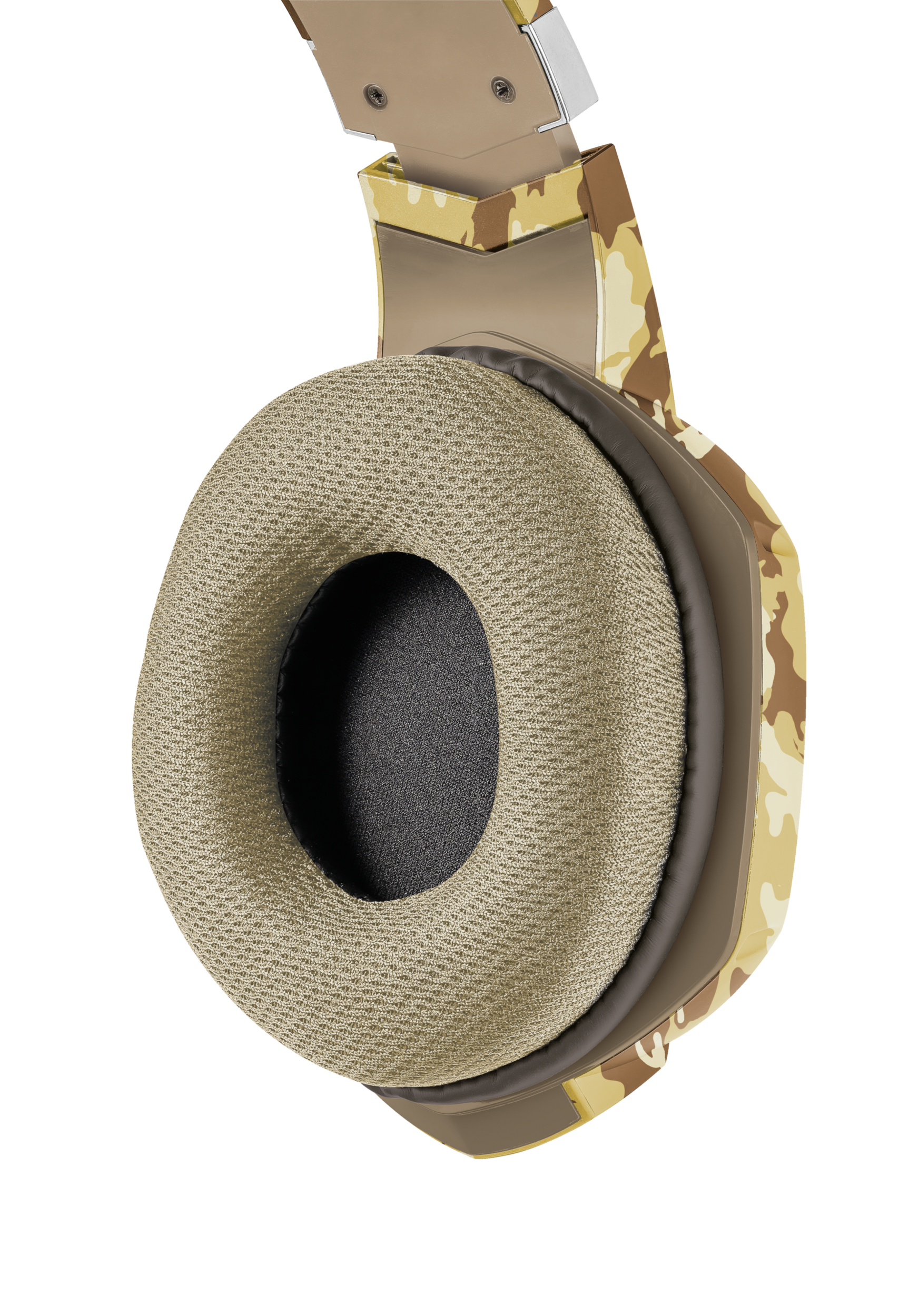 Nahaufnahme einer Headset-Ohrmuschel mit Tarnmuster. Beige und braune Farben. Weißer Hintergrund.