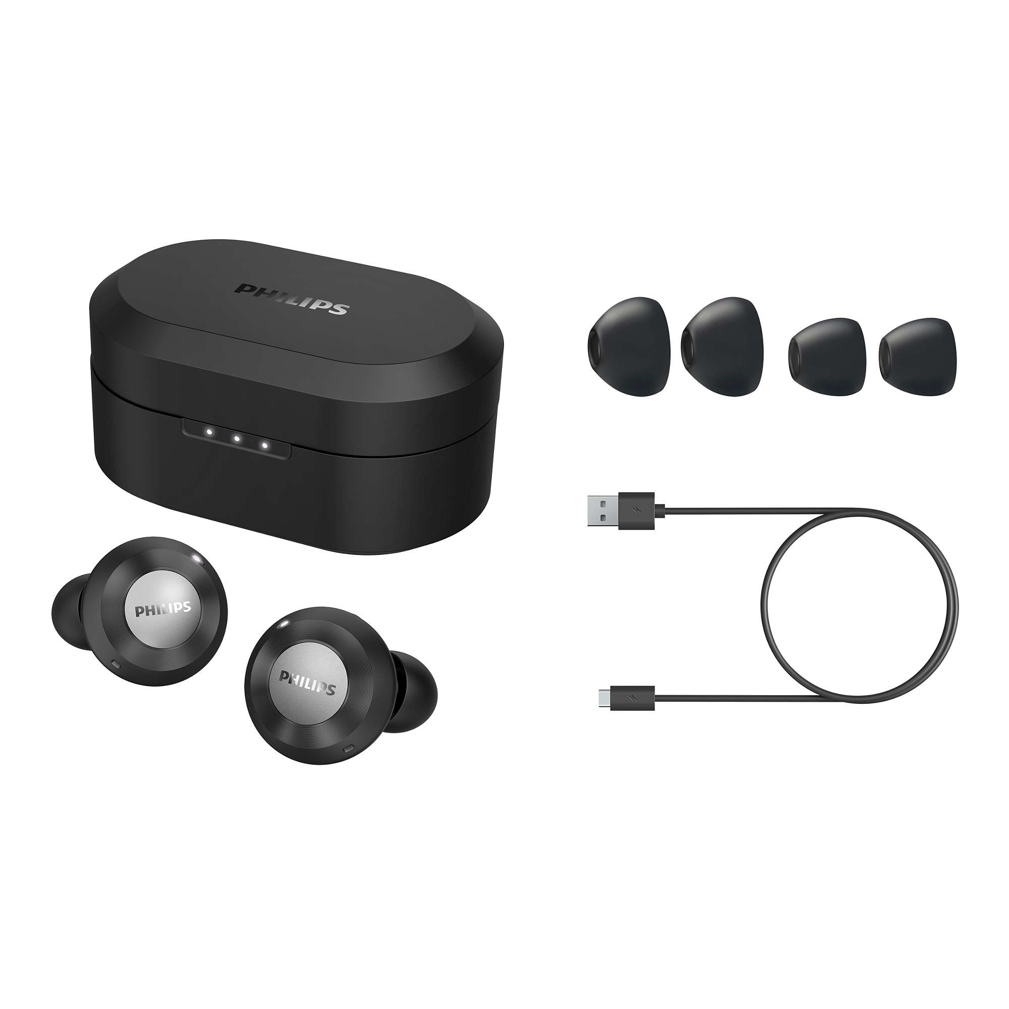 Auriculares negros, estuche de carga y puntas adicionales, con cable USB.