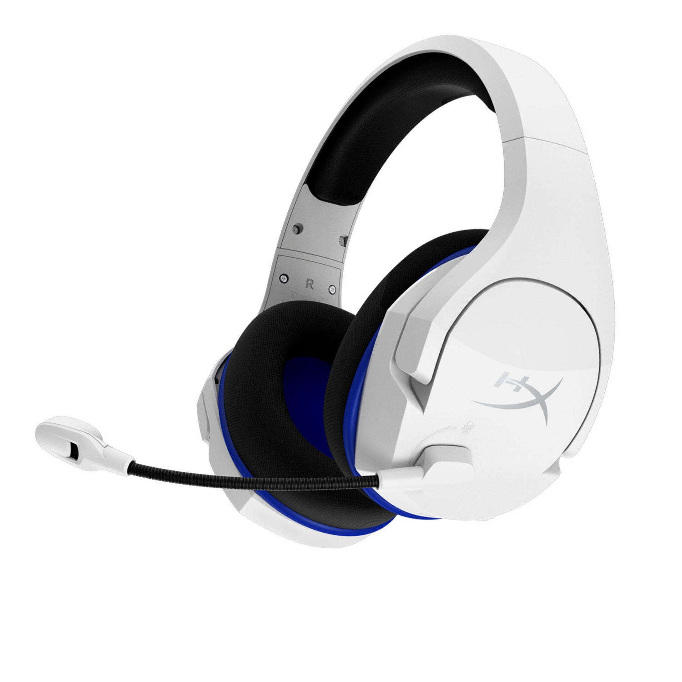 Weißes und blaues Gaming-Headset mit Mikrofon. Das Headset verfügt über ein flexibles Mikrofon.