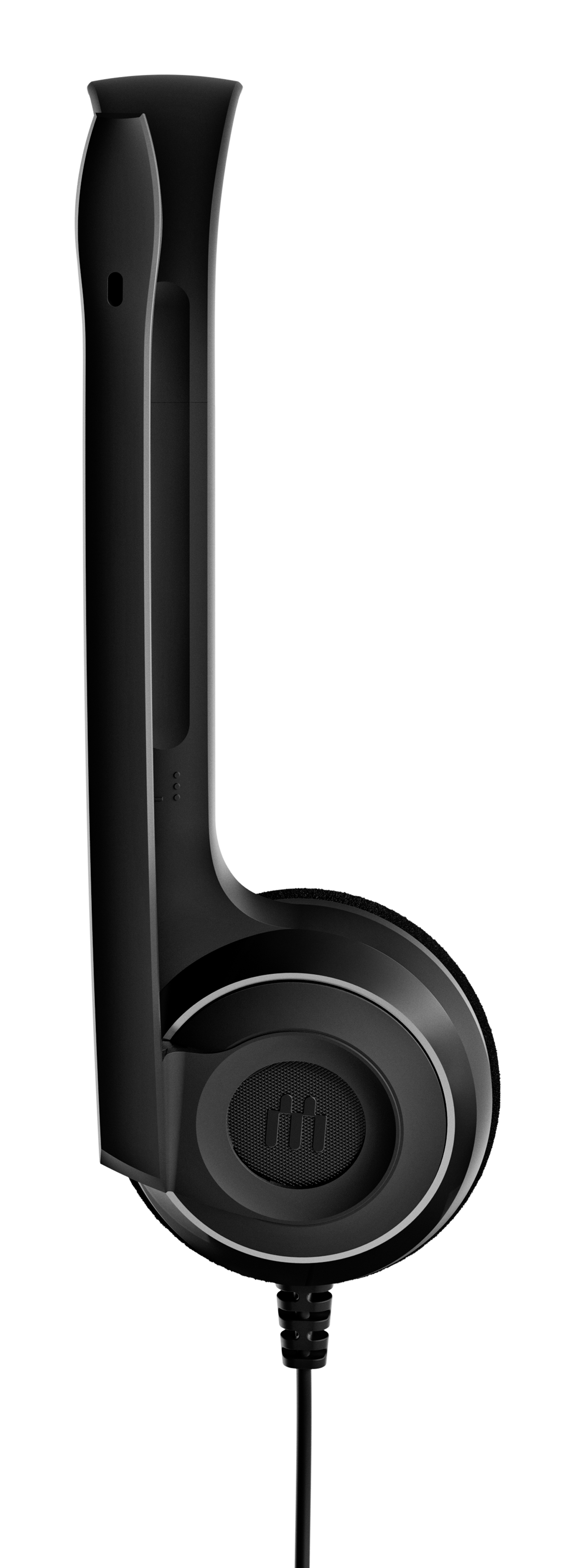 Czarne słuchawki z jednym nausznikiem i mikrofonem, na białym tle.