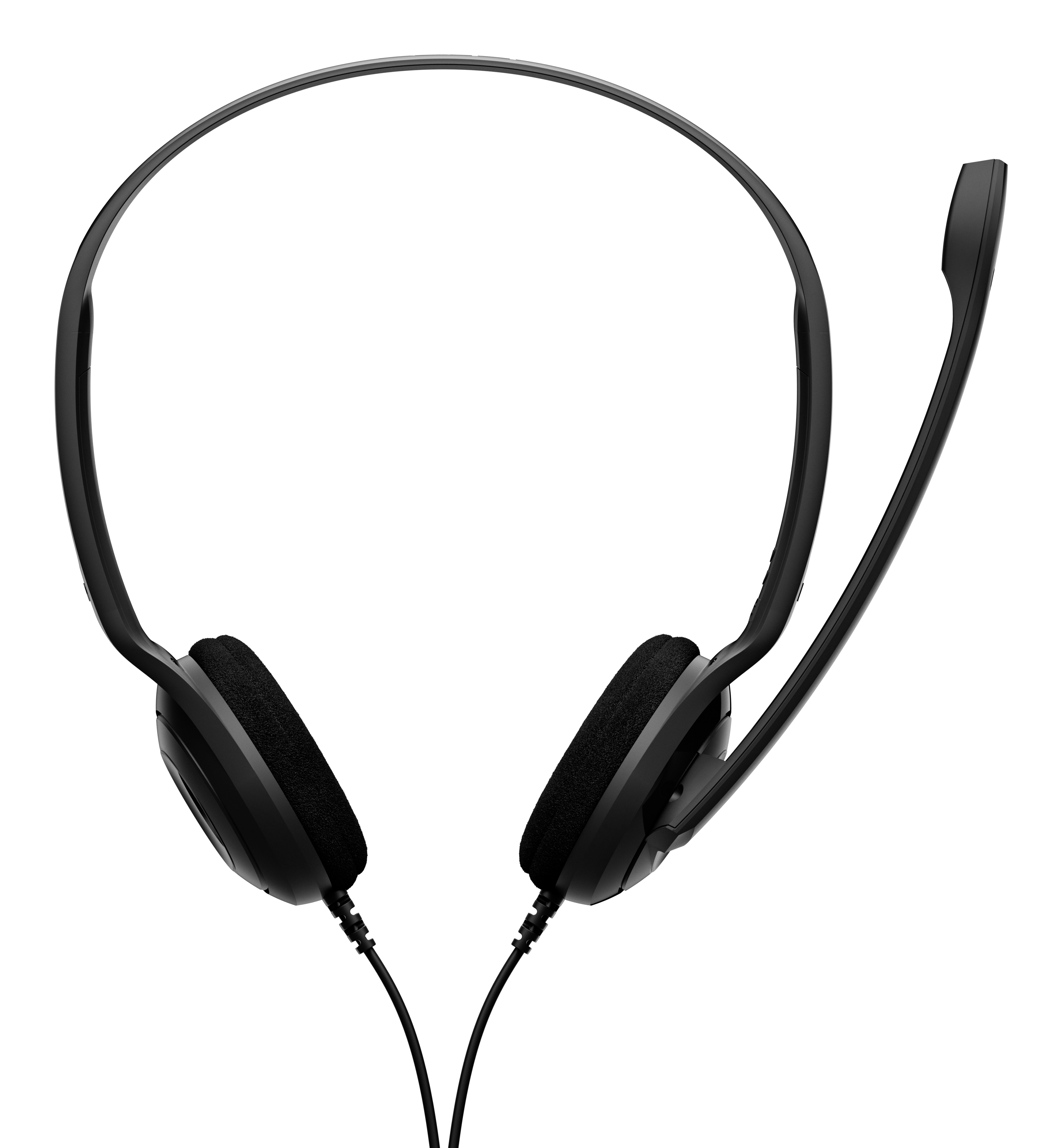 Czarny zestaw słuchawkowy z mikrofonem, na białym tle.