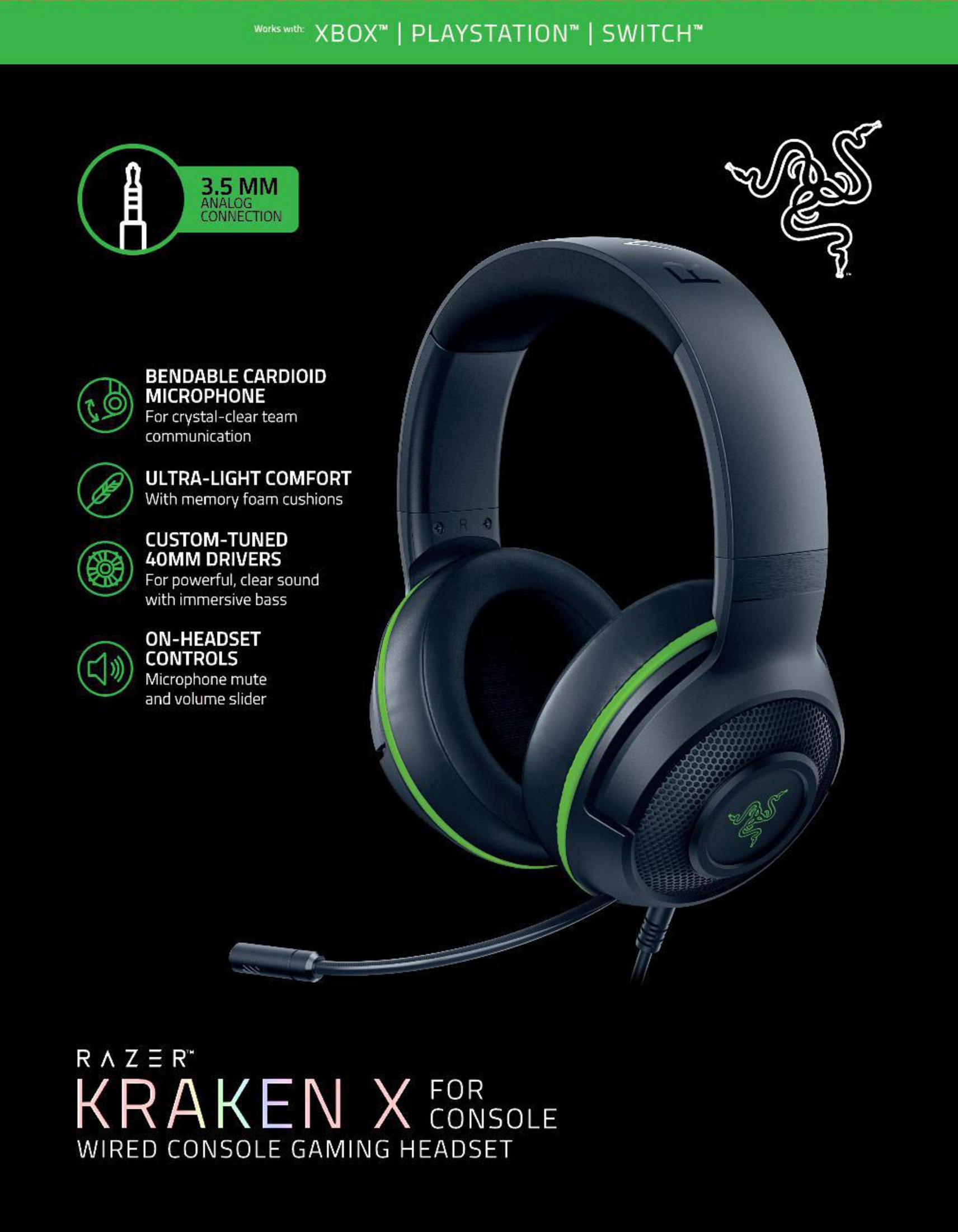 Ein schwarzes und grünes Razer Kraken X Konsolen-Gaming-Headset. Der Hintergrund ist schwarz mit Text.