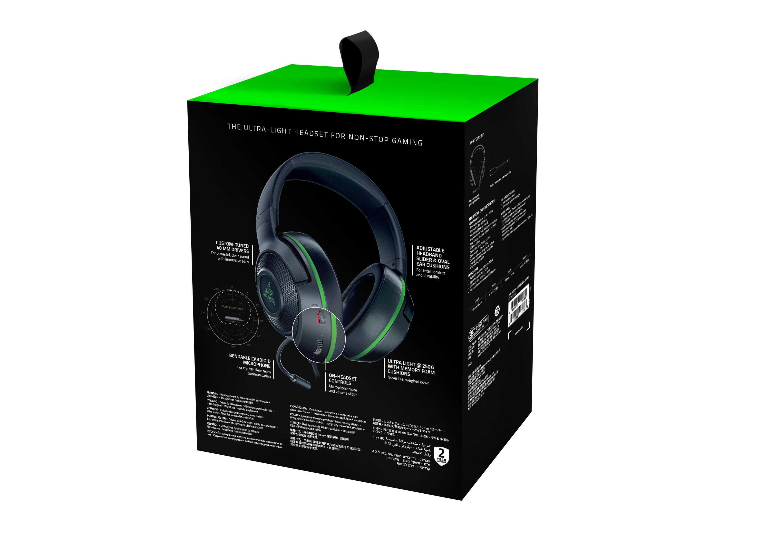Schwarze und grüne Razer Headset-Box. Die Box zeigt Headset-Details und Funktionen.
