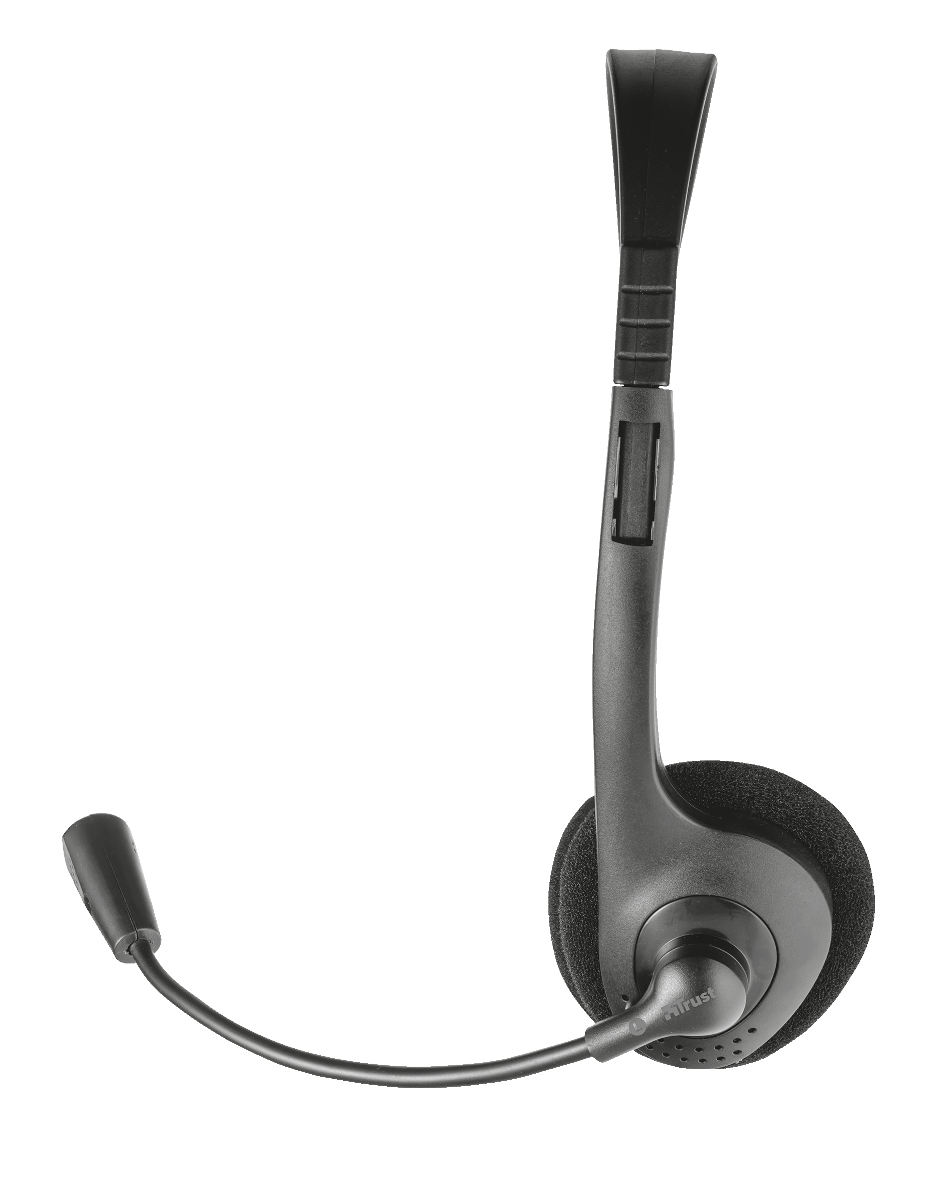 Schwarzes Headset mit Mikrofon und einem einzelnen Ohrhörer, mit weißem Hintergrund.