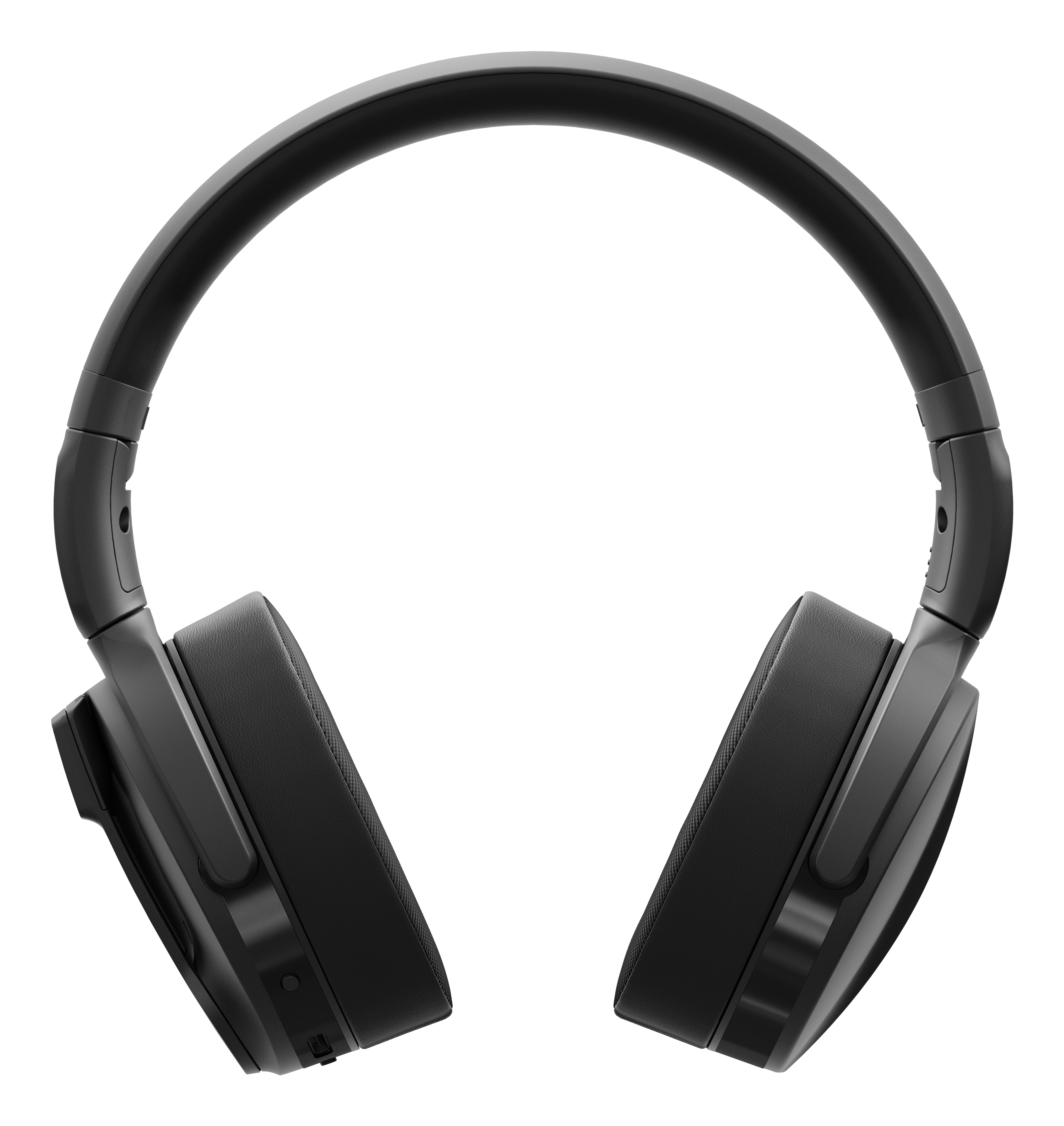 Cuffie over-ear nere. La fascia e i padiglioni sono neri. Sfondo bianco.