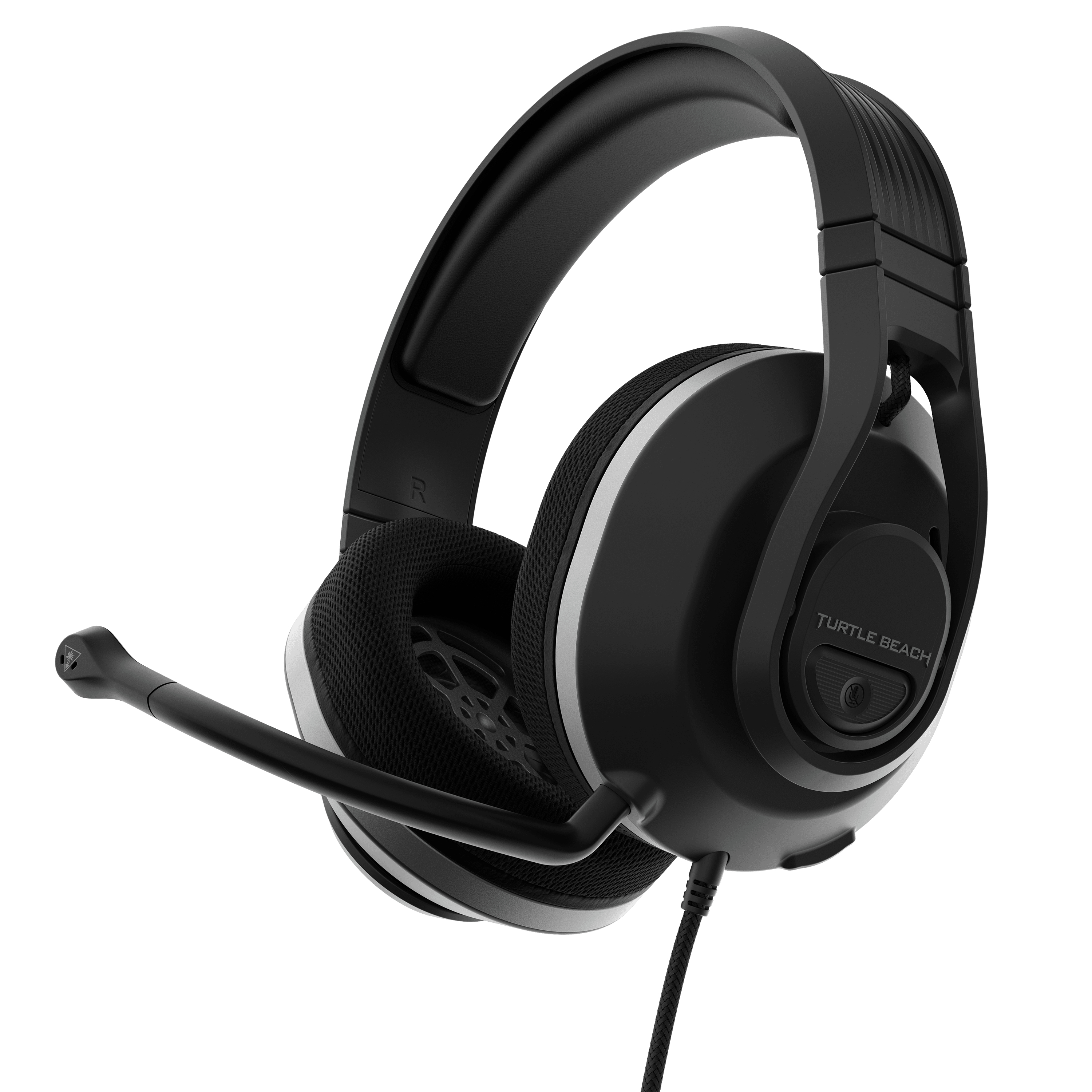 Cuffie da gioco nere e grigie con microfono. Le cuffie sono angolate su sfondo bianco.
