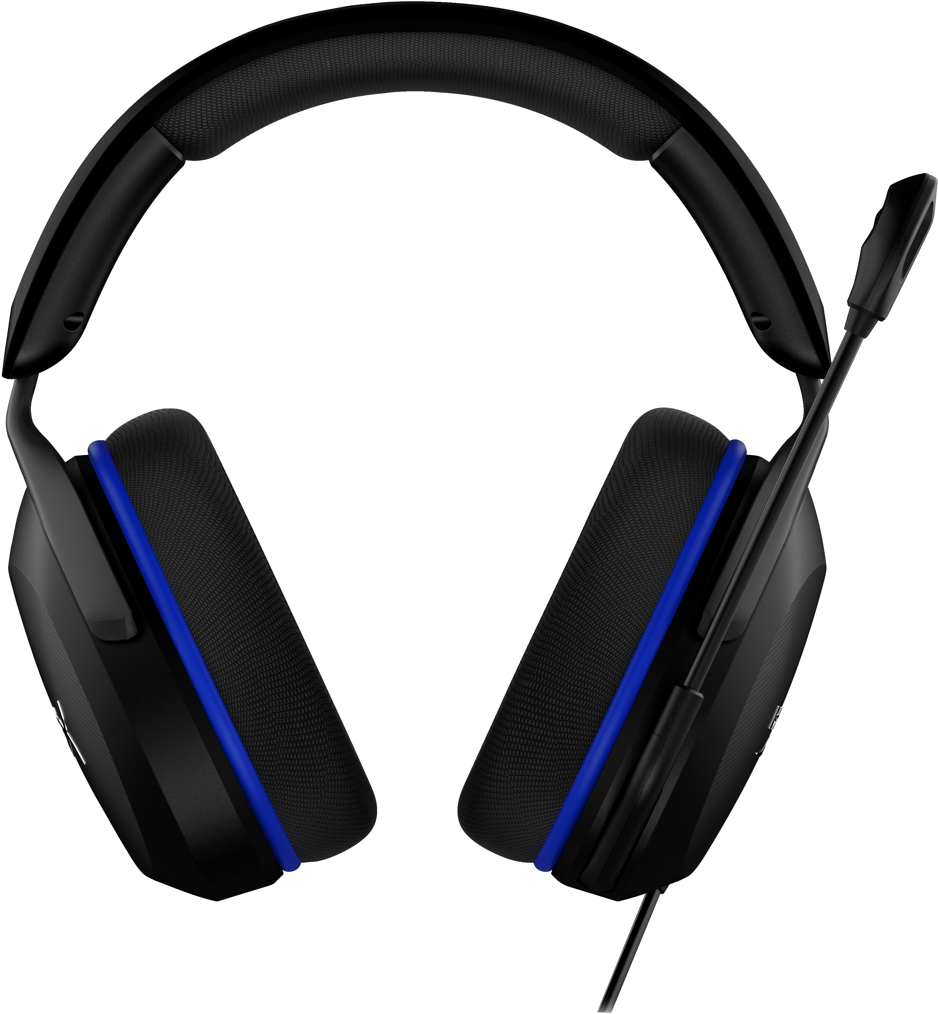 Schwarzes Gaming-Headset mit blauen Akzenten und Mikrofon auf weißem Grund.