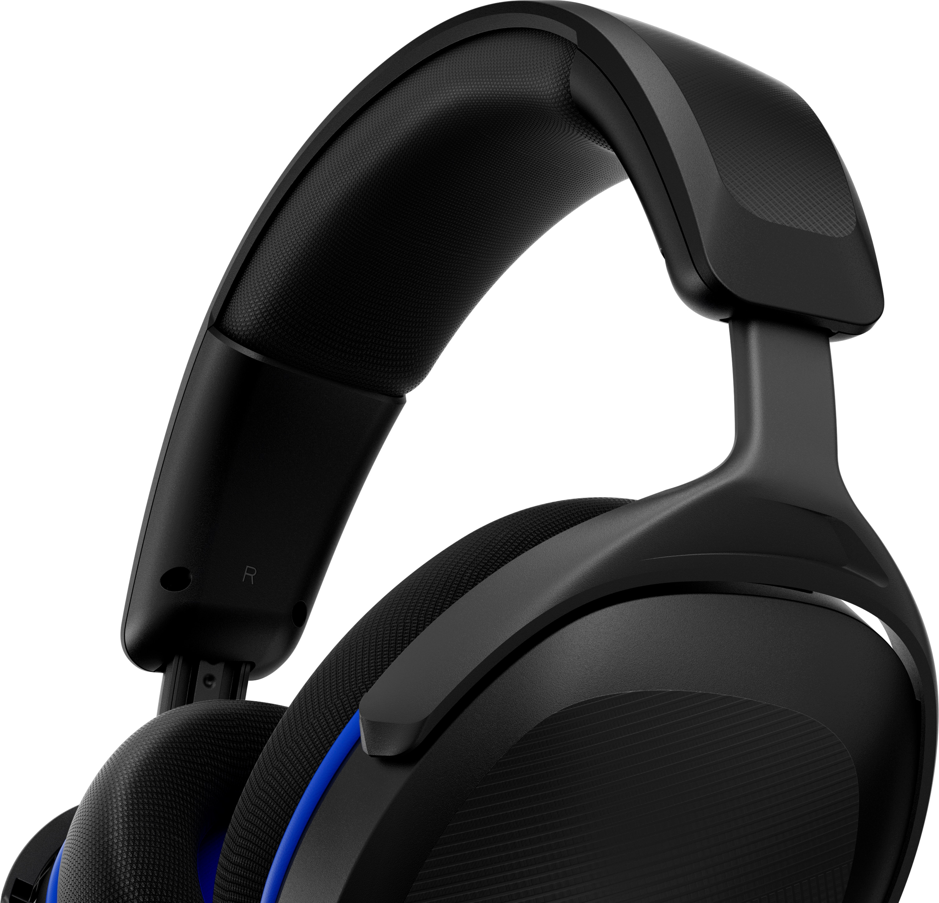Nahaufnahme eines schwarzen Gaming-Headsets mit blauen Akzenten. Weißer Hintergrund.
