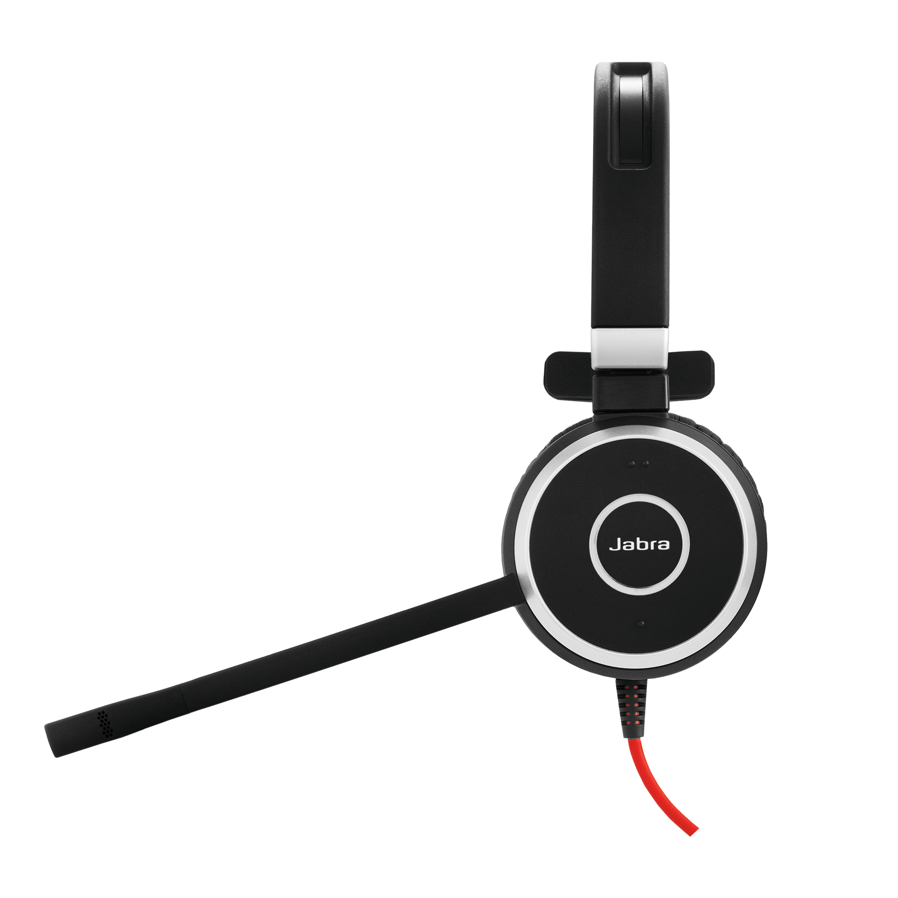 Schwarzes Jabra-Headset mit Mikrofon und rotem Kabel.
