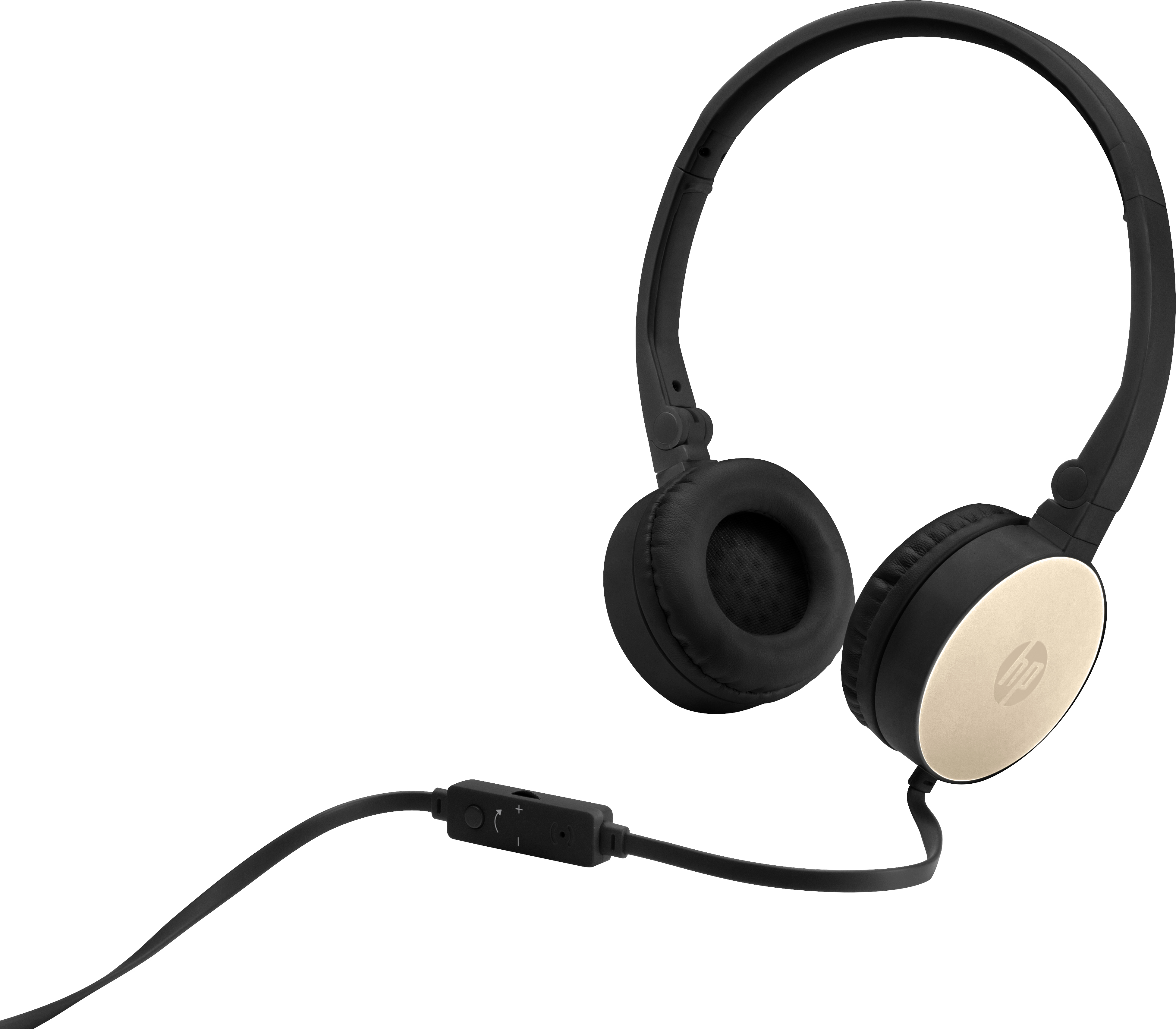 Schwarzes und goldenes Headset mit Inline-Bedienelementen. Weißer Hintergrund.