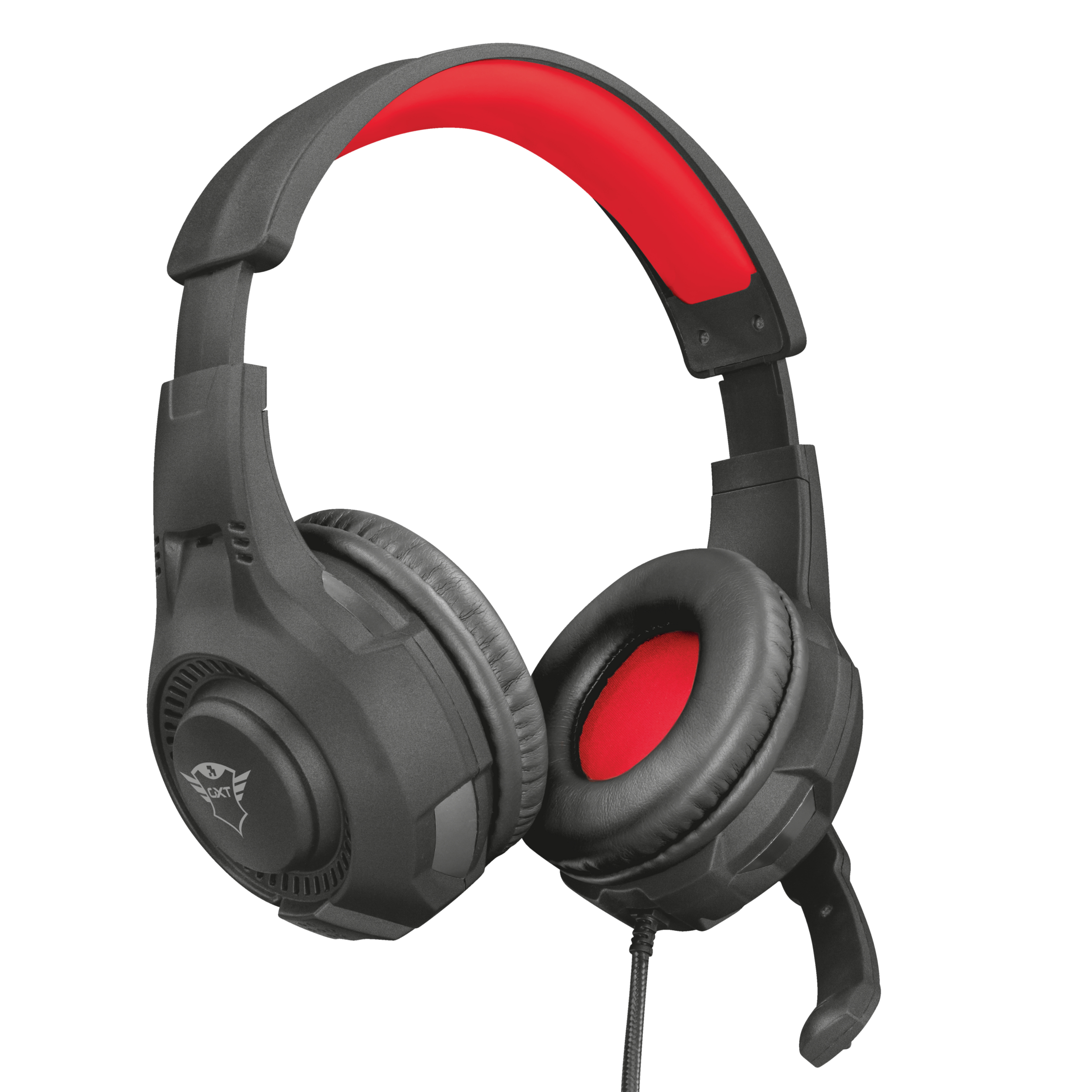 Auriculares gaming negros y rojos con micro. La diadema es roja por dentro.