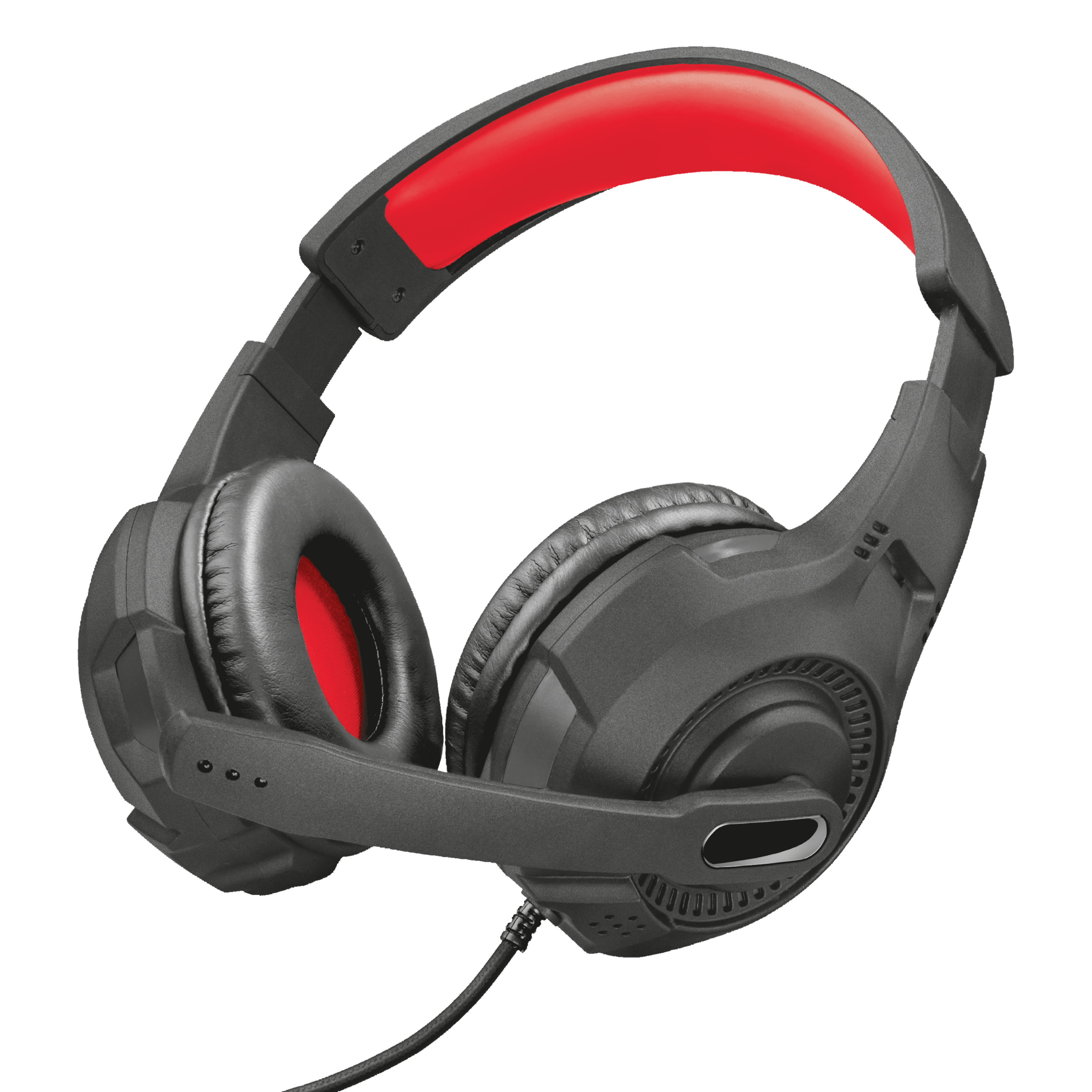 Auriculares negros con detalles rojos en las orejeras y la diadema, y un micrófono.