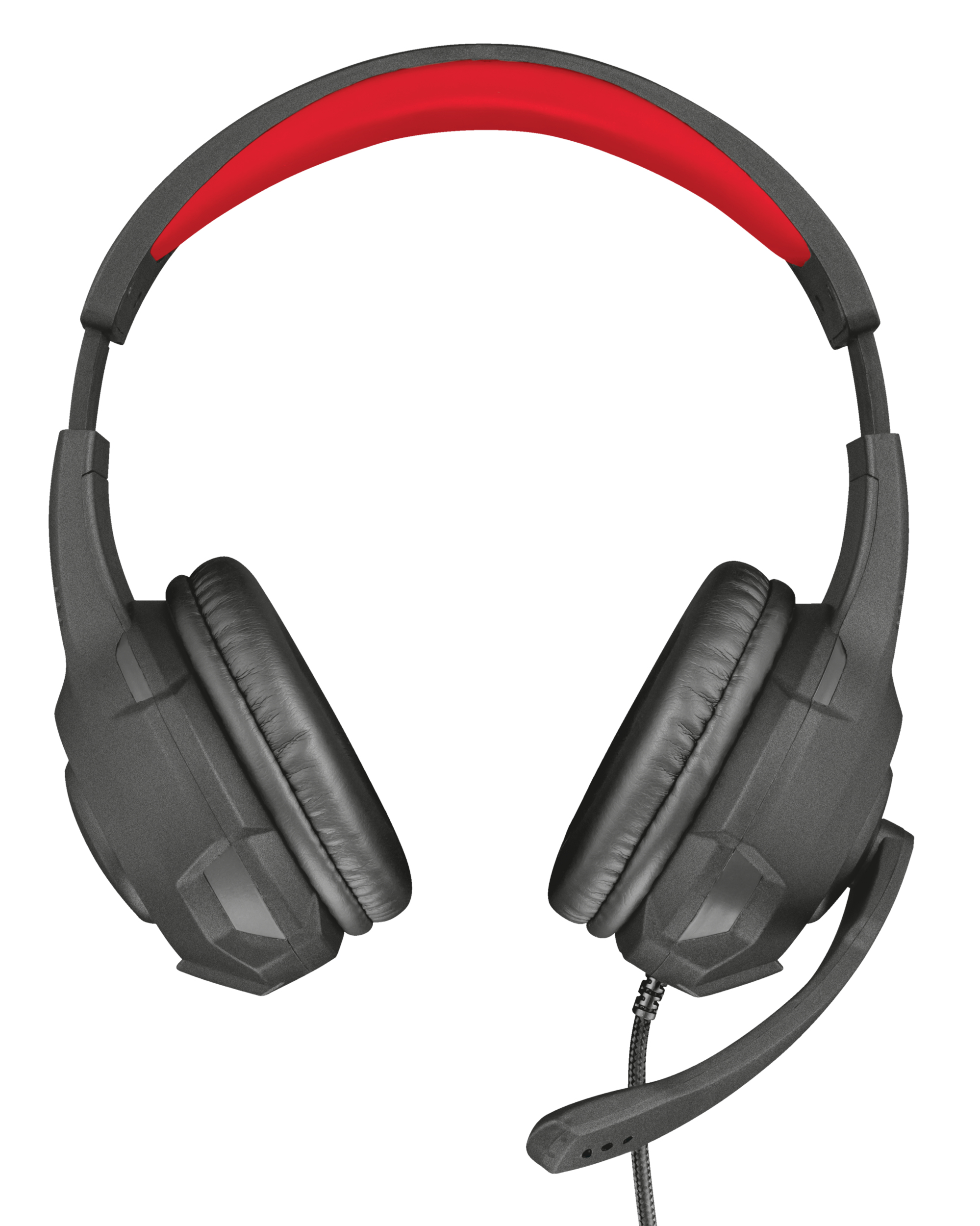 Auriculares gaming negros y grises con diadema acolchada roja, con micrófono.