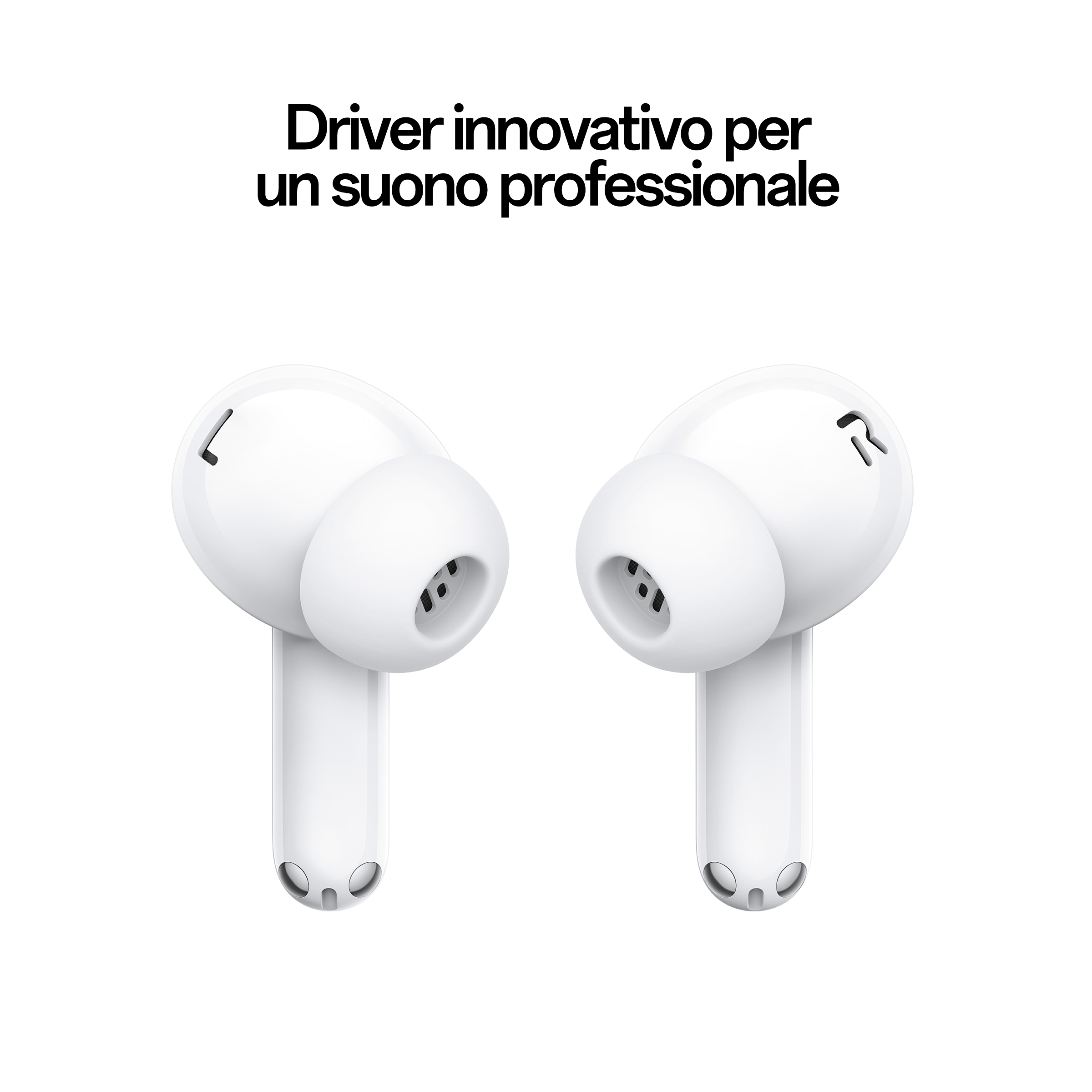 Zwei weiße Ohrhörer, mit dem Text 'Driver innovativo per un suono professionale'.