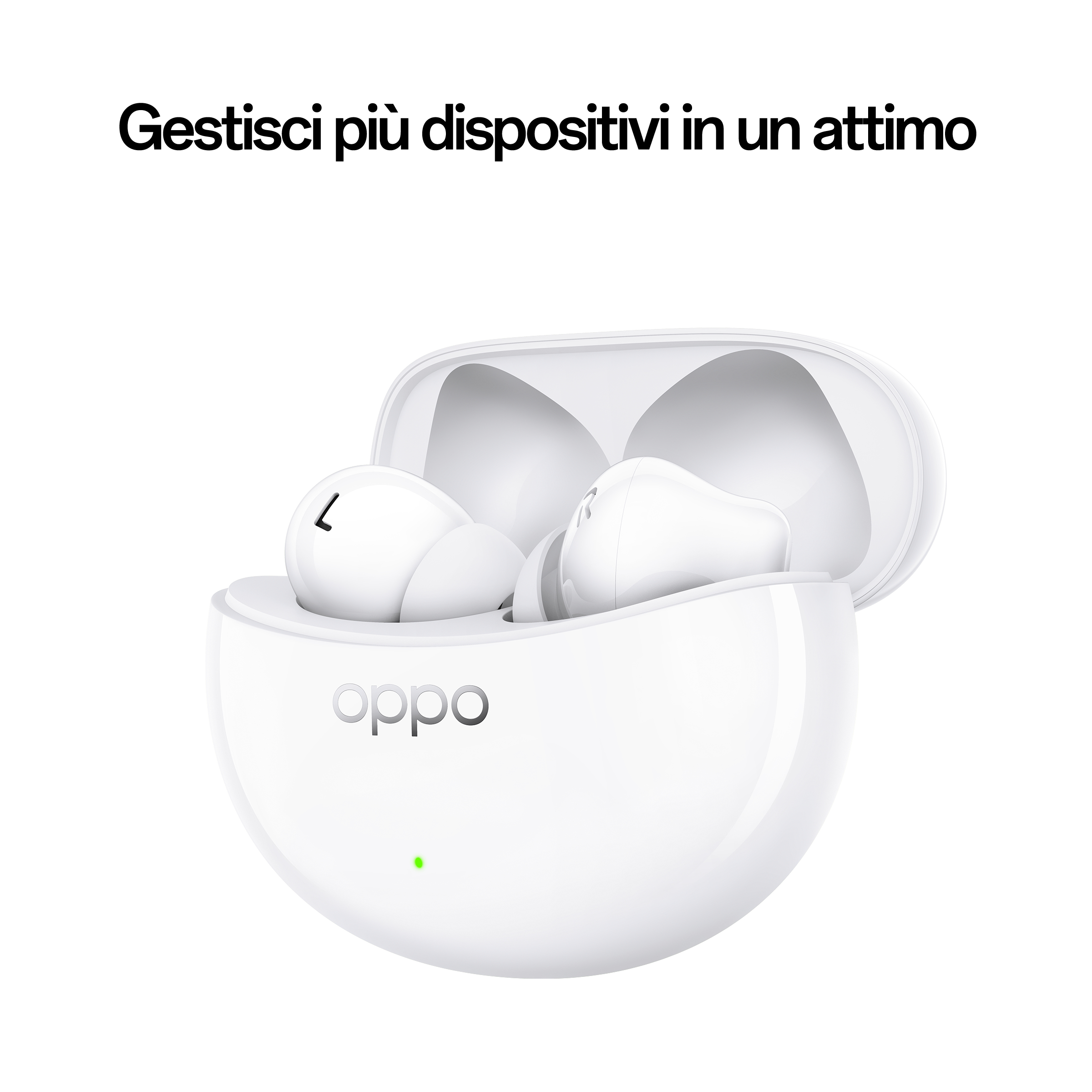 Weiße Oppo-Ohrhörer in einem offenen Ladeetui. Das Etui und die Ohrhörer sind weiß.