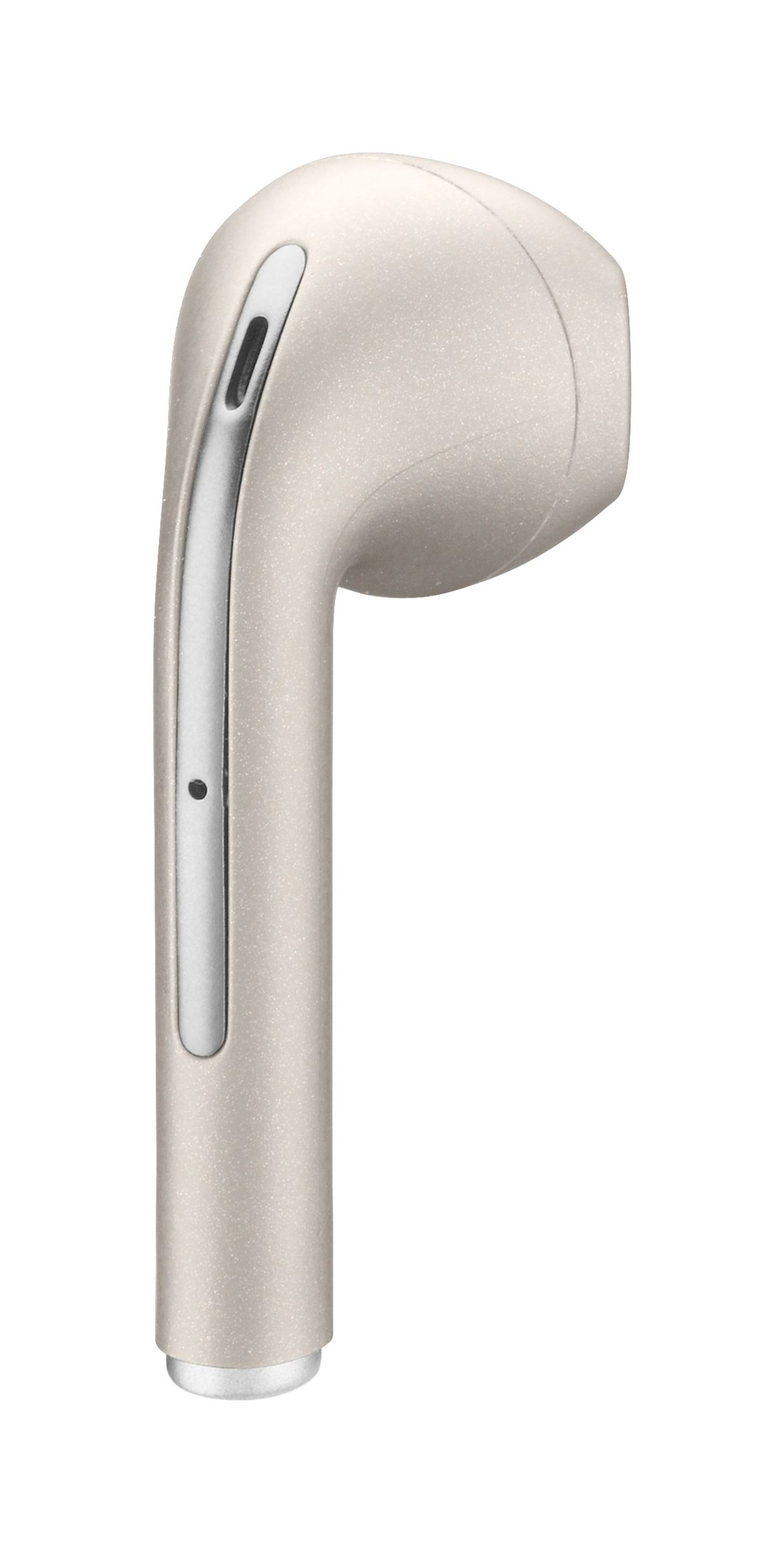 Un singolo auricolare wireless beige, vista laterale, isolato su sfondo bianco.