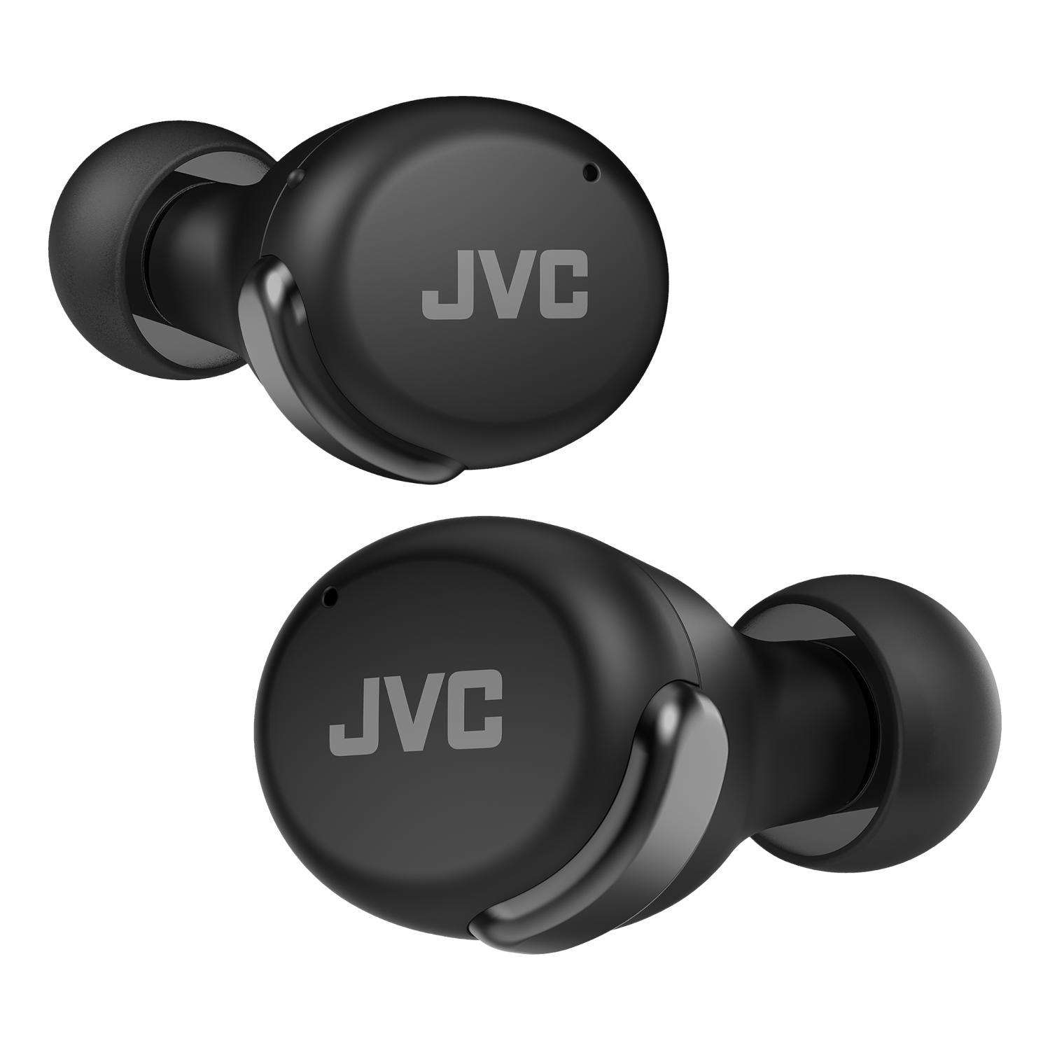 Zwei schwarze JVC-Ohrhörer. Der Markenname ist auf jedem Ohrhörer sichtbar. Schwarzer Hintergrund.