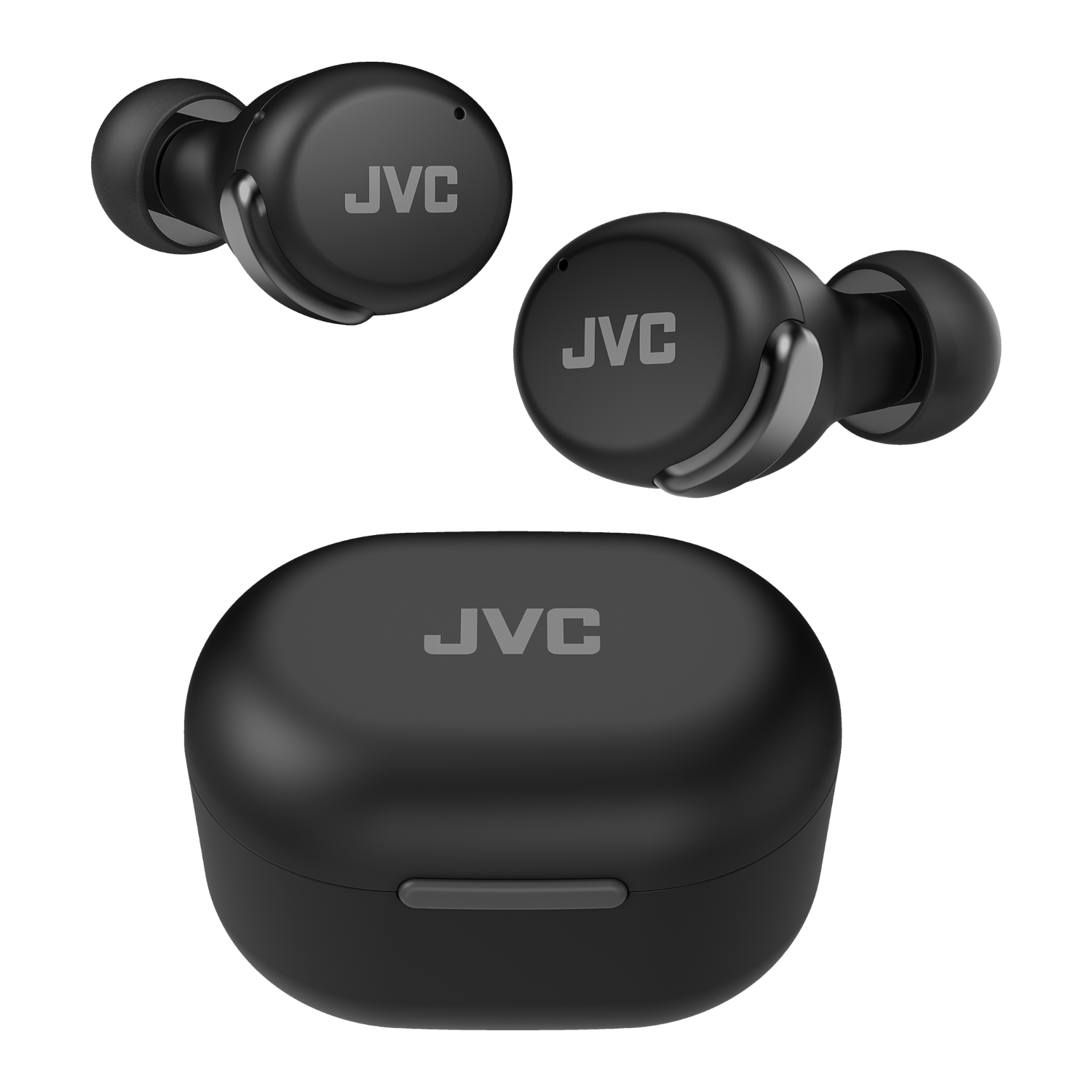 Schwarze Ohrhörer und Ladecase. Die Ohrhörer und das Case haben das JVC-Logo in Grau.