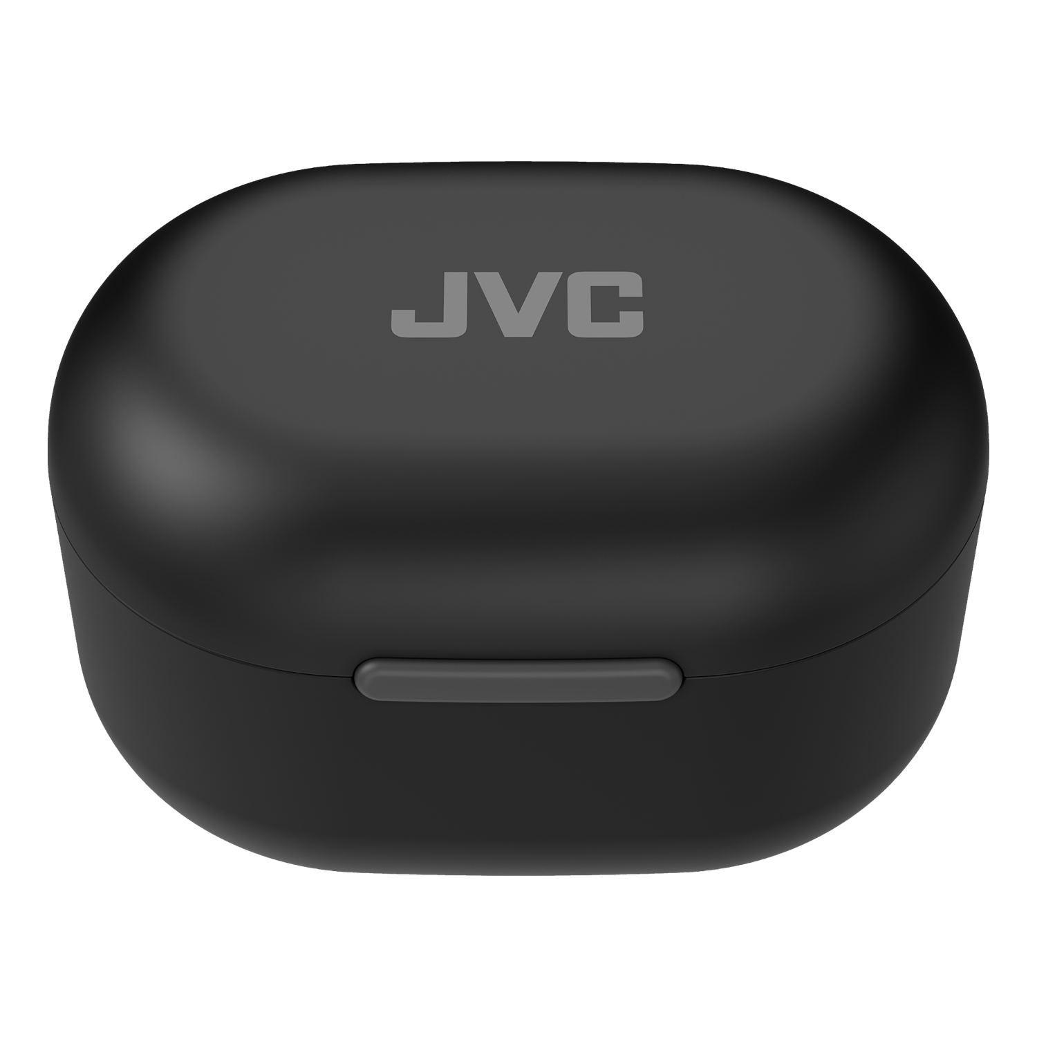 Schwarzes JVC-Kopfhörer-Ladecase. Graues Logo und Taste.