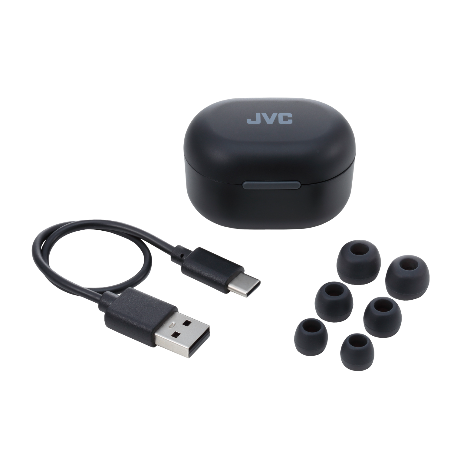 Schwarzes Ohrhörerset, USB-Kabel und Ladeetui.