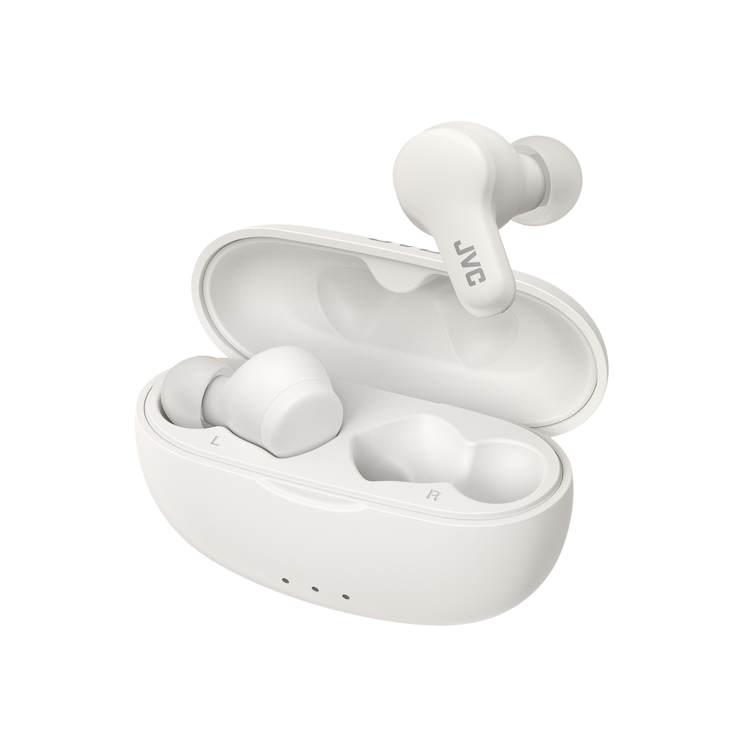 Auriculares JVC blancos en un estuche de carga blanco.