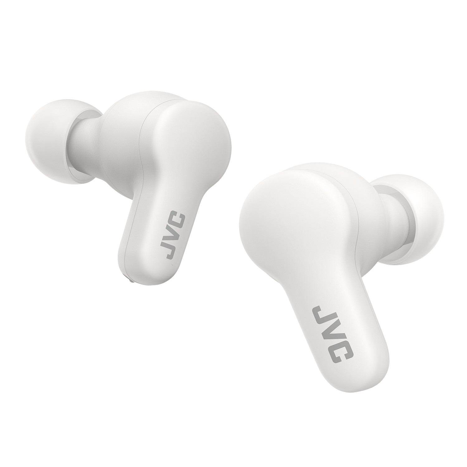Auriculares blancos con logo JVC, sobre fondo negro, primer plano.