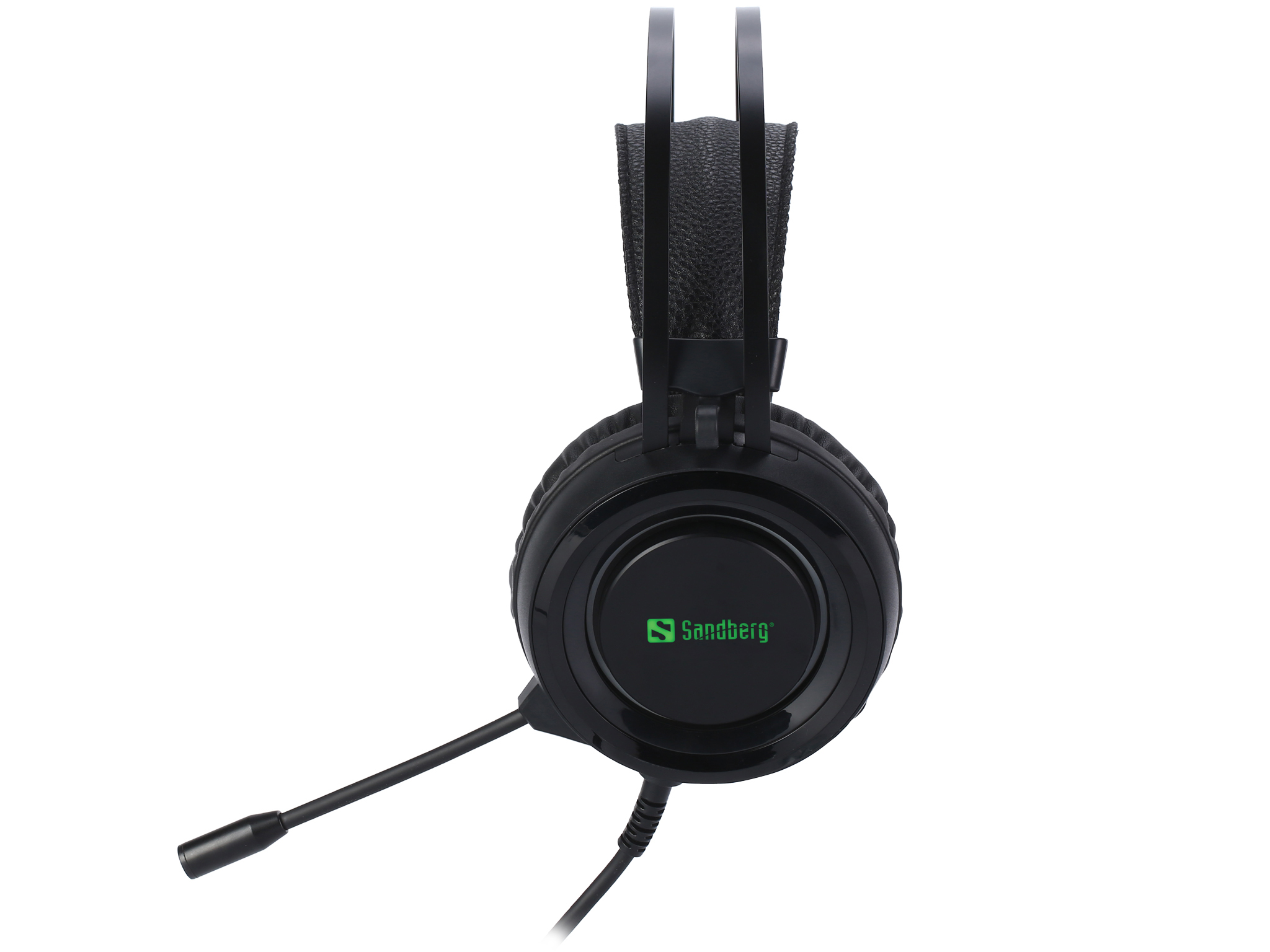 Schwarzes Sandberg-Headset mit Mikrofon. Weißer Hintergrund.