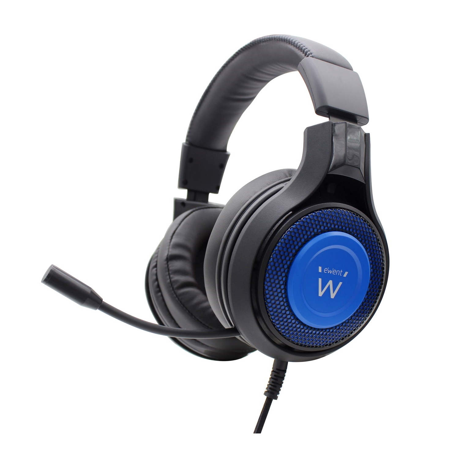 Cuffie da gioco nere e blu con microfono. Il padiglione ha un cerchio blu.