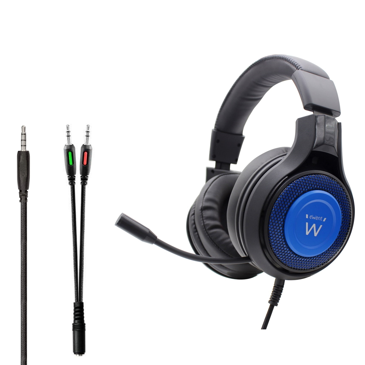 Cuffie da gaming nere e blu con cavi e jack su sfondo bianco.