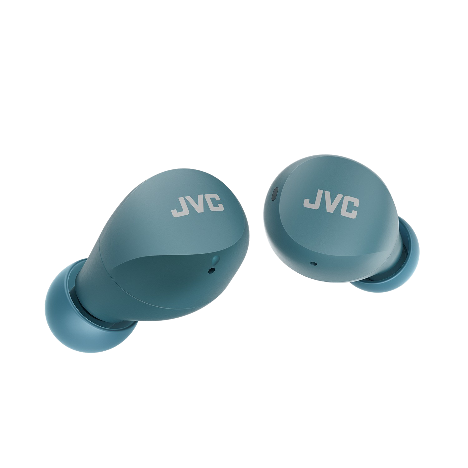 Paar blaue JVC-Ohrhörer, abgewinkelt auf schwarzem Hintergrund.