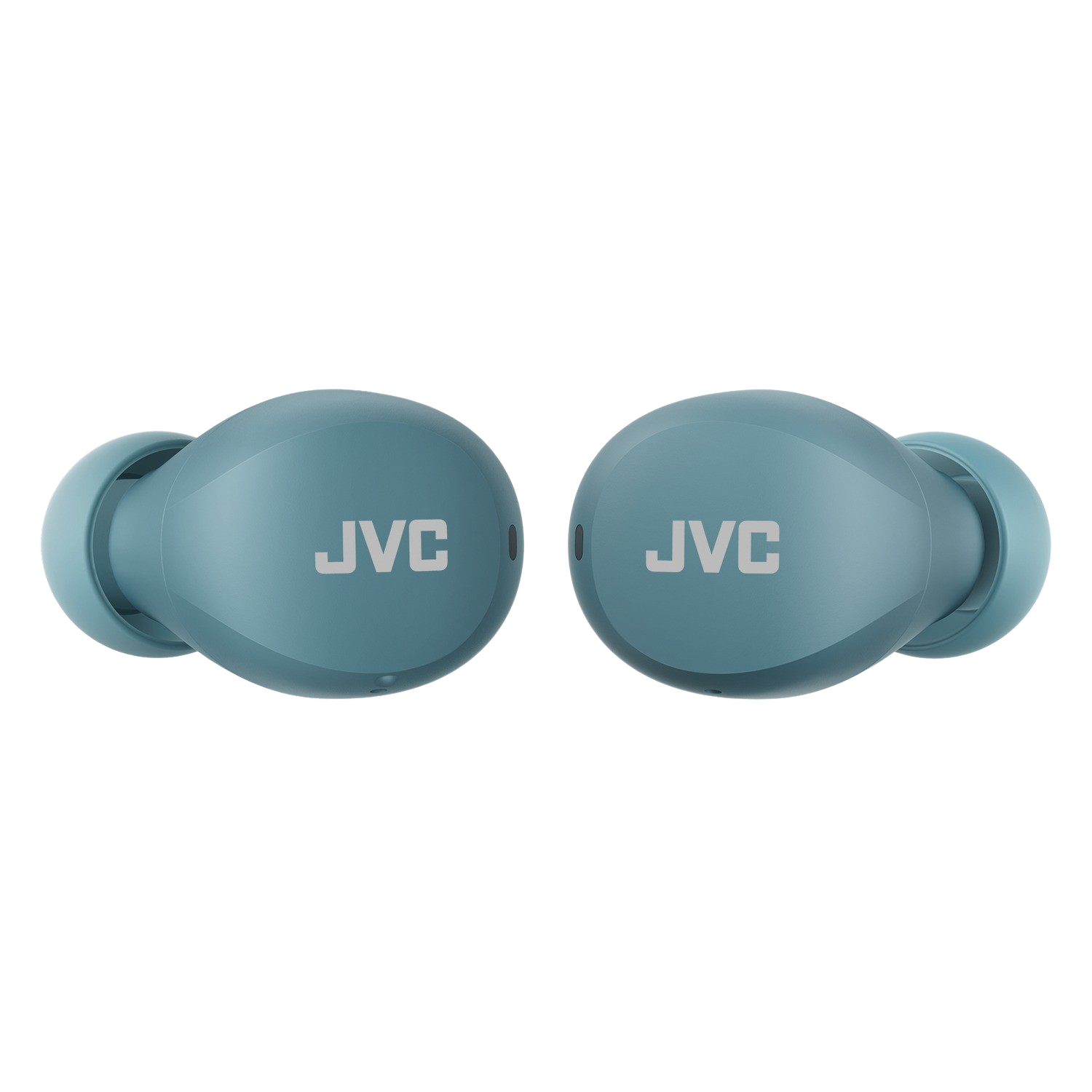 Zwei türkisfarbene JVC-Ohrhörer mit silbernen Logos.