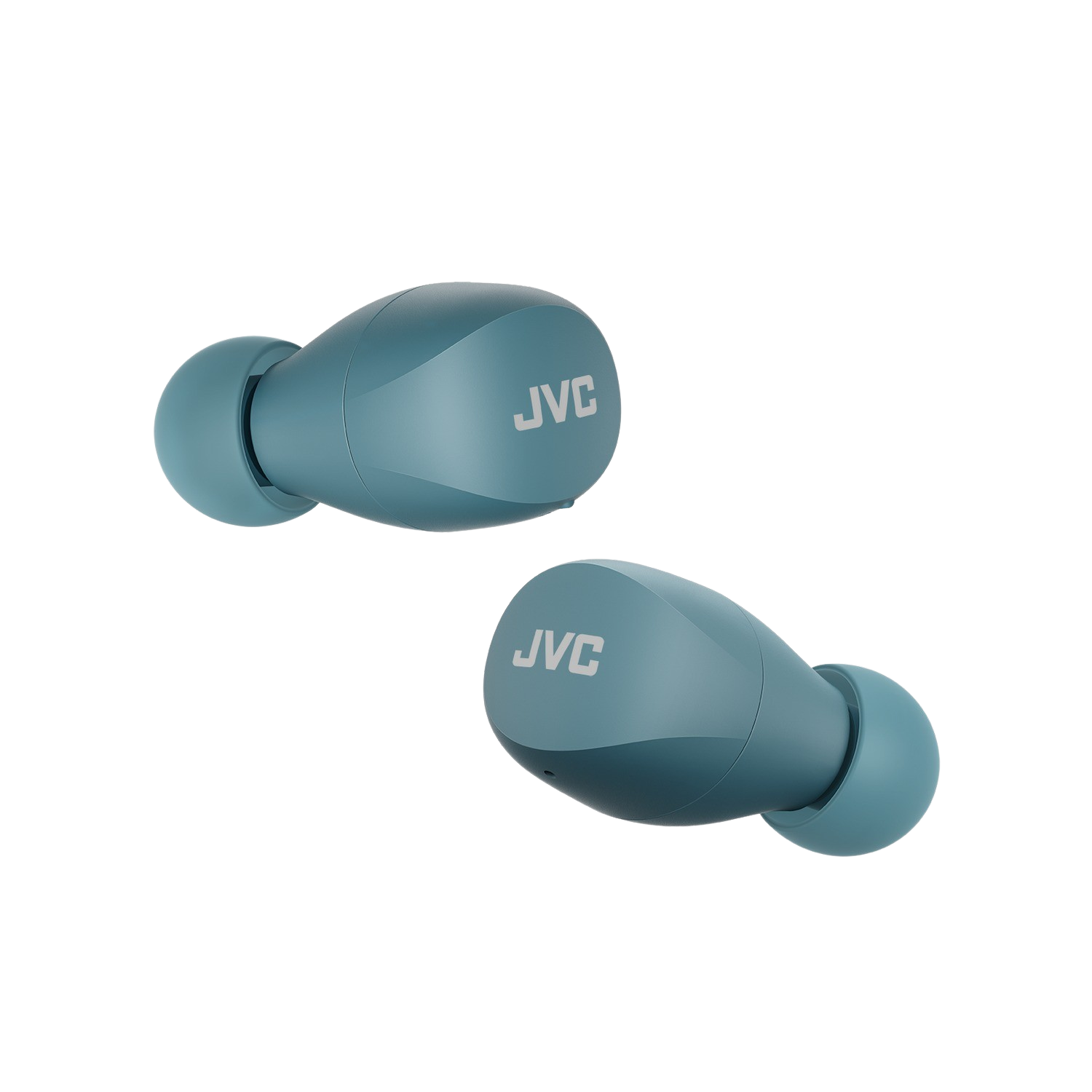 Zwei blaue JVC-Ohrhörer, abgewinkelt, auf schwarzem Hintergrund. Das JVC-Logo ist auf jedem Ohrhörer zu sehen.