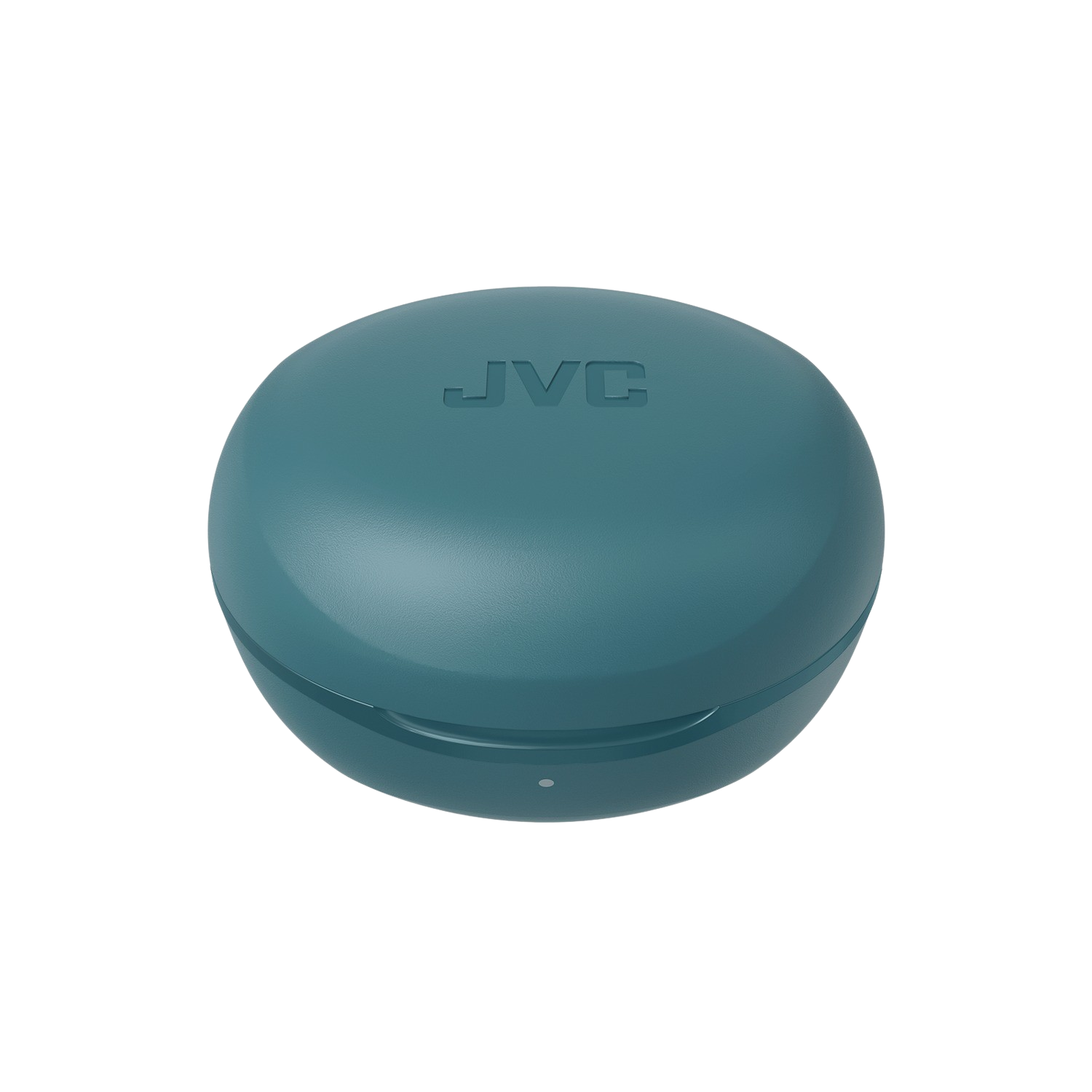Türkisfarbenes JVC-Ladecase für Ohrhörer, runde Form, dunkler Hintergrund.