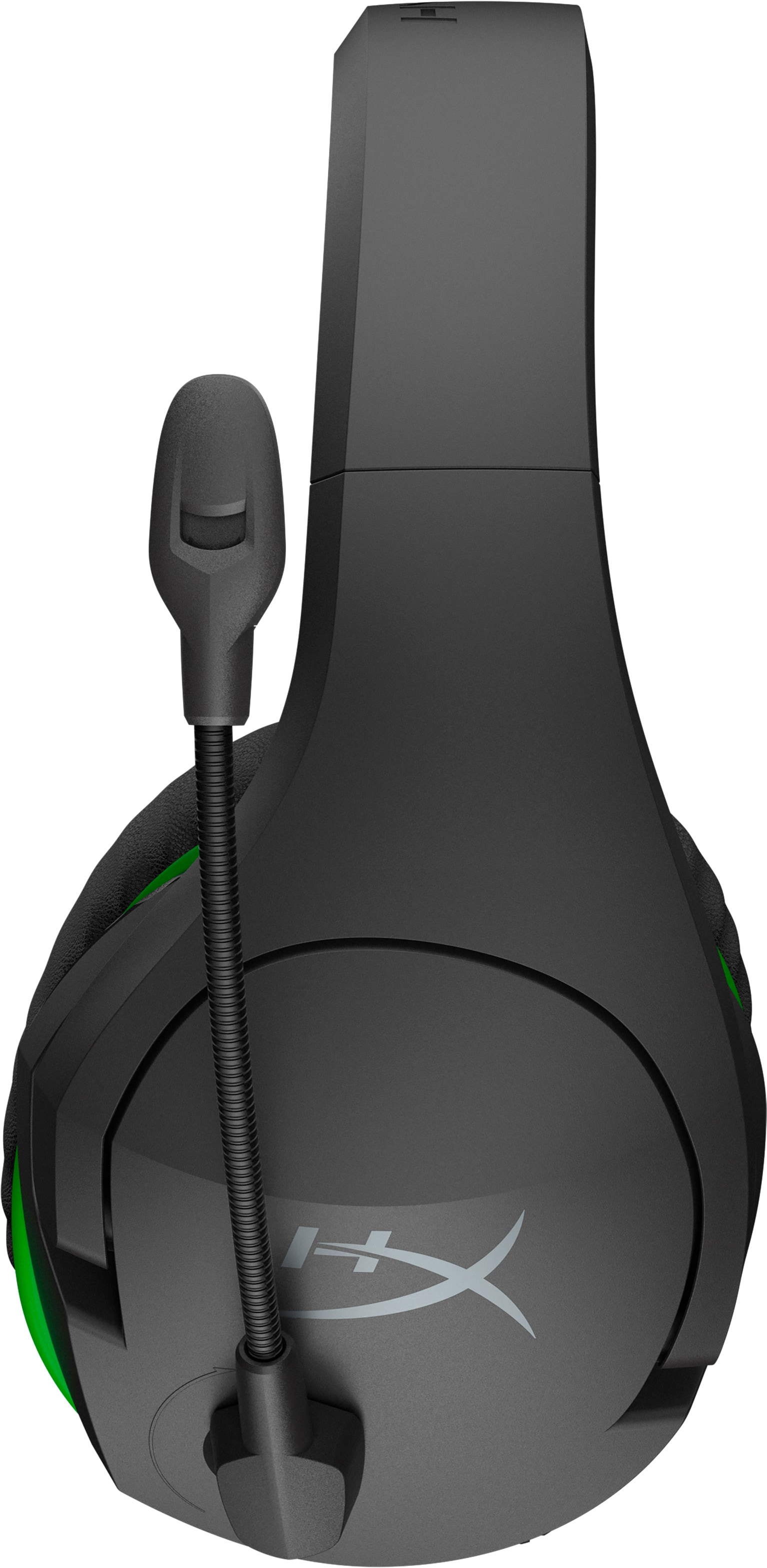 Schwarzes Gaming-Headset mit Mikrofon auf weißem Hintergrund.