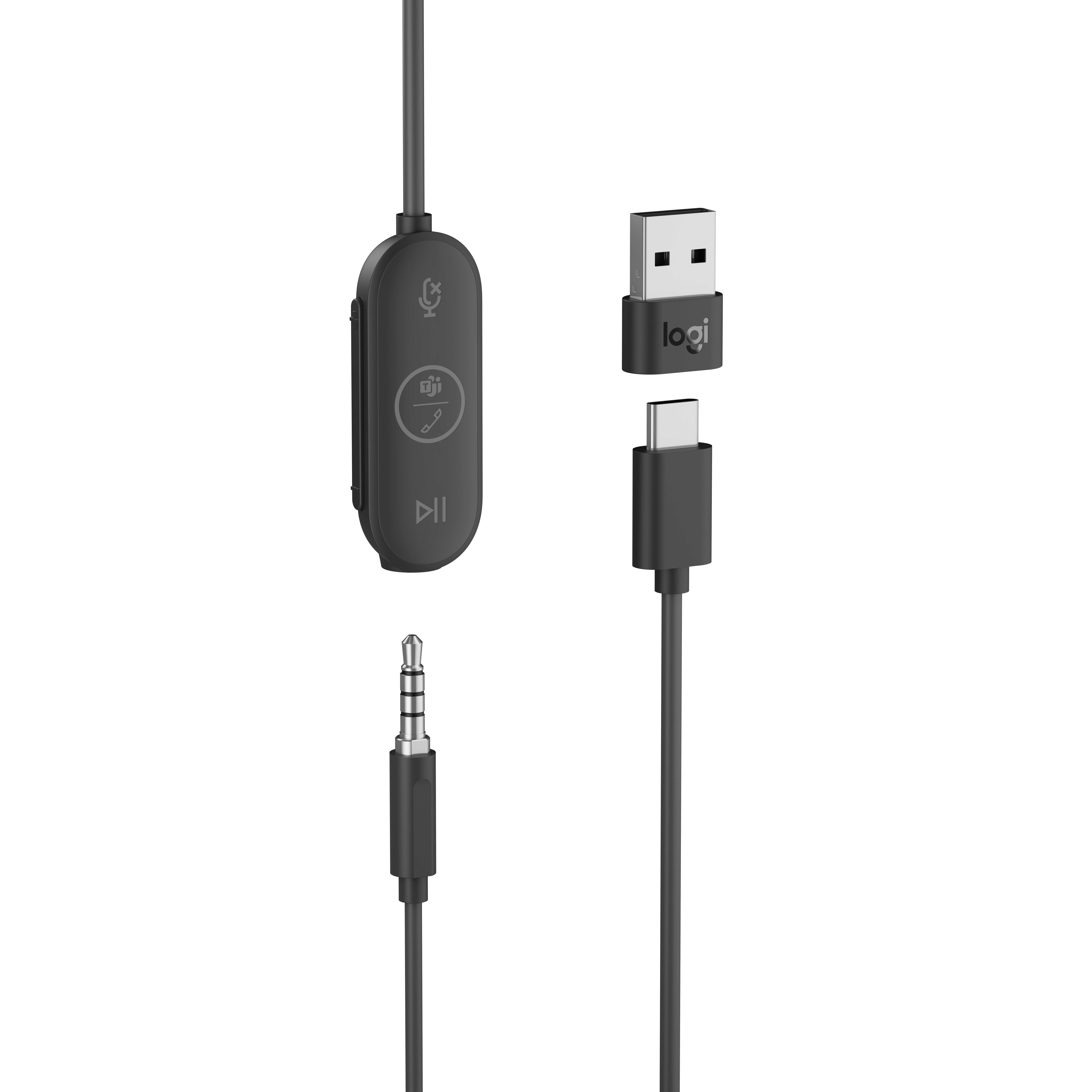 Connettore audio nero, cavo USB-C e adattatore USB su sfondo bianco.