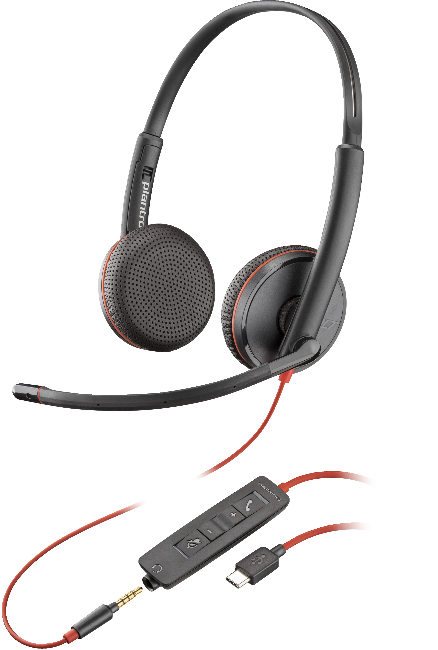 Cuffie Plantronics nere con cavo rosso e unità di controllo. Accenti rossi sulle cuffie.