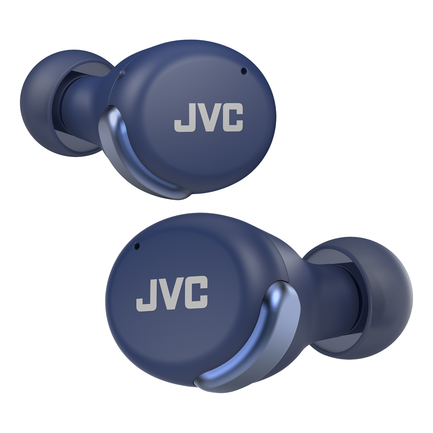 Twee blauwe JVC oordopjes op een zwarte achtergrond. Het JVC logo is wit zichtbaar op elke oordopje.
