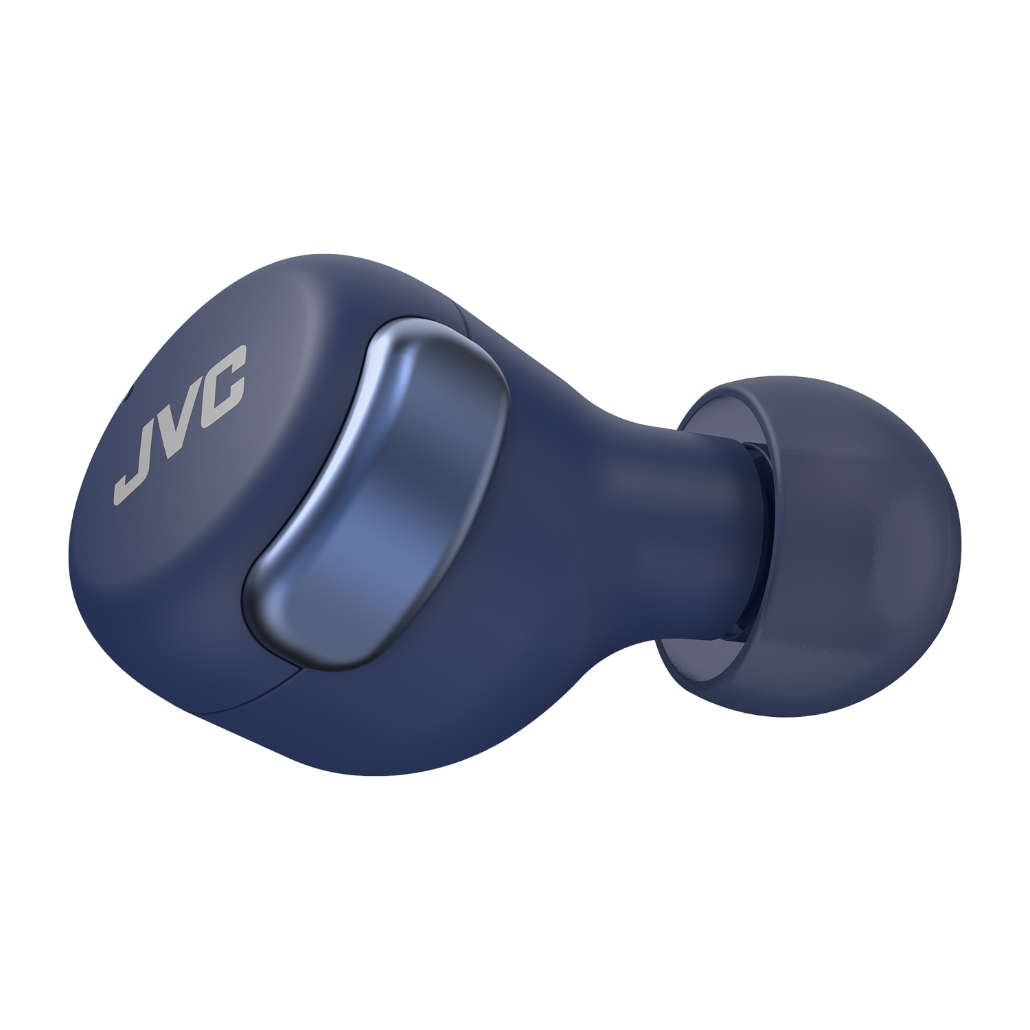 Close-up van een marineblauwe draadloze oortelefoon op een zwarte achtergrond. Het JVC-logo is zichtbaar.