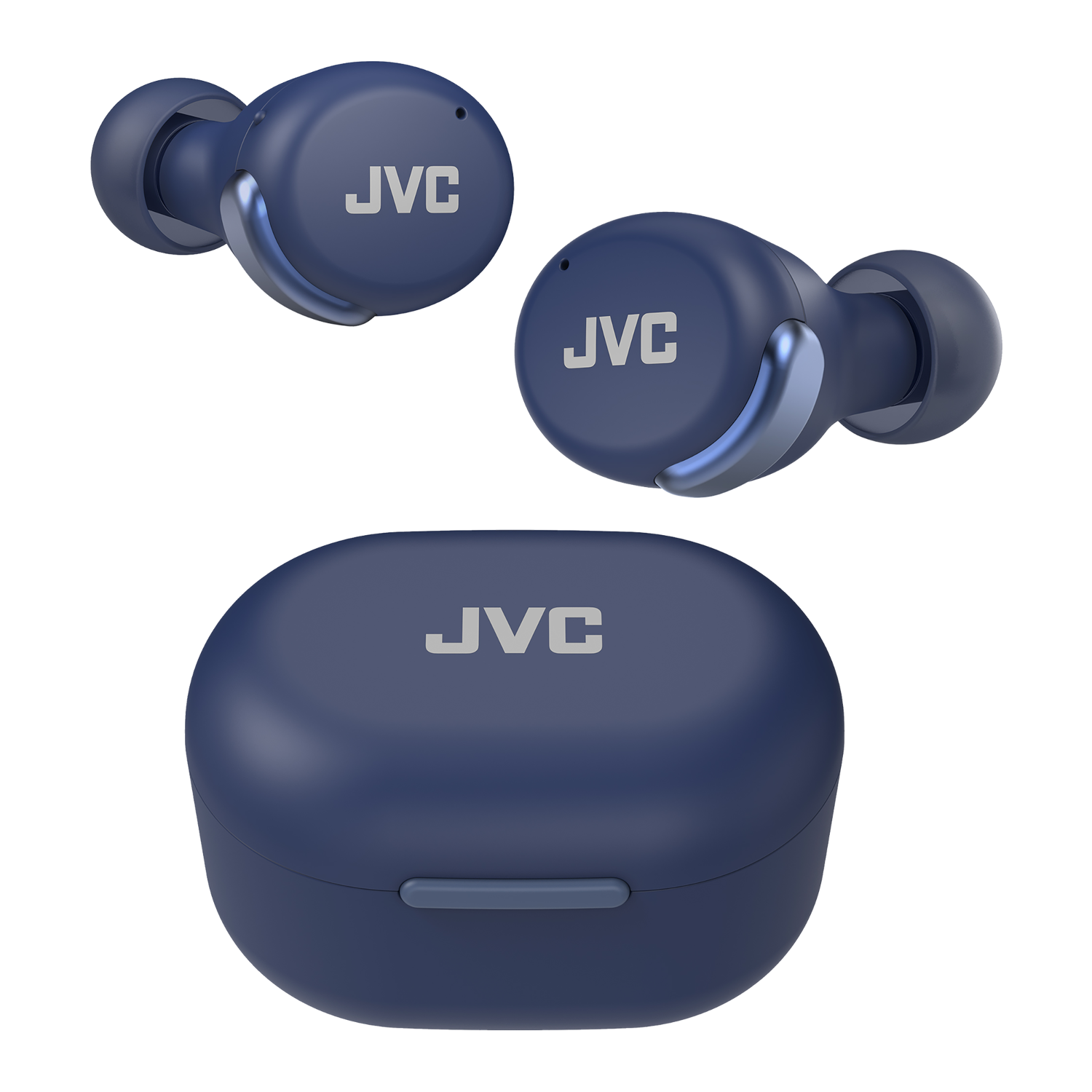 Drie blauwe oortelefoons, twee met zilveren JVC logo's en een oplaadcase. Donkere achtergrond.