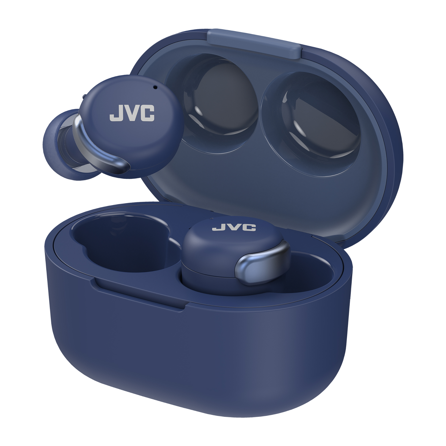 Blauwe oordopjes en oplaadcase met het JVC-logo. Geïsoleerd op een zwarte achtergrond.