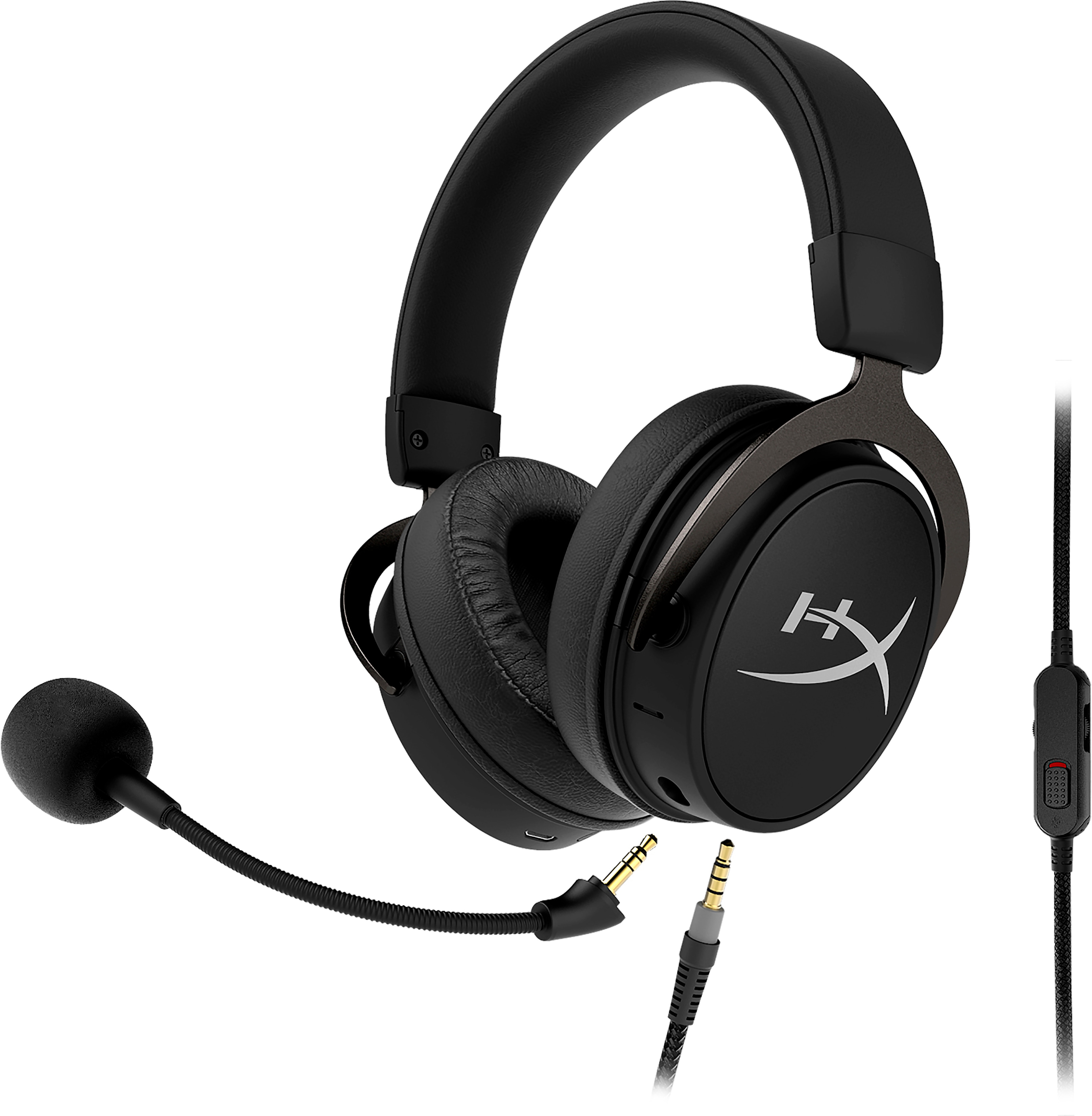 Schwarzes Gaming-Headset mit Mikrofon und Steuerkabel. Das Headset ist schwarz und hat ein Logo.
