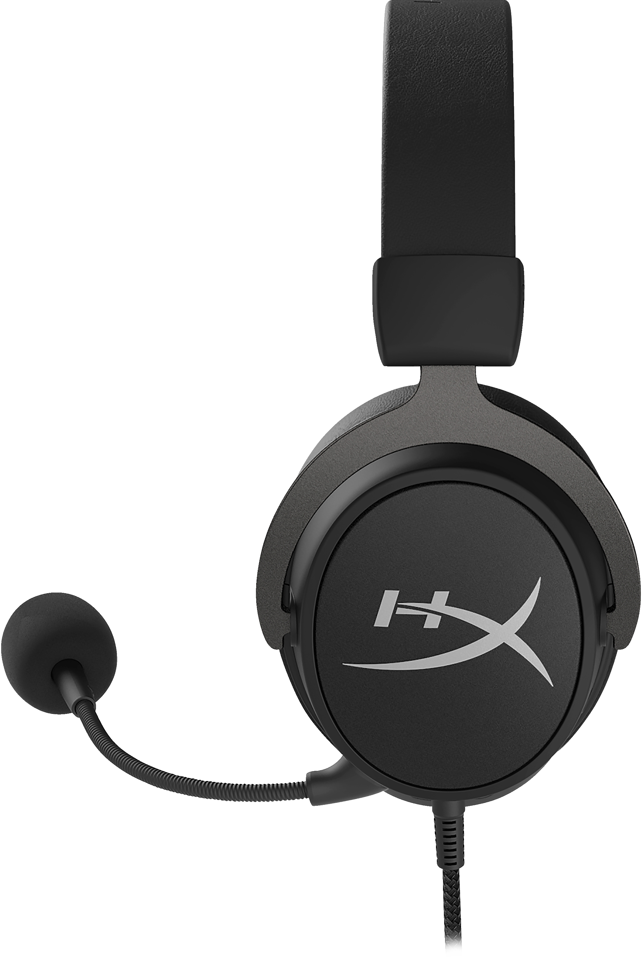 Ein schwarz-graues Gaming-Headset mit Mikrofon, mit einem HyperX-Logo auf den Ohrmuscheln.