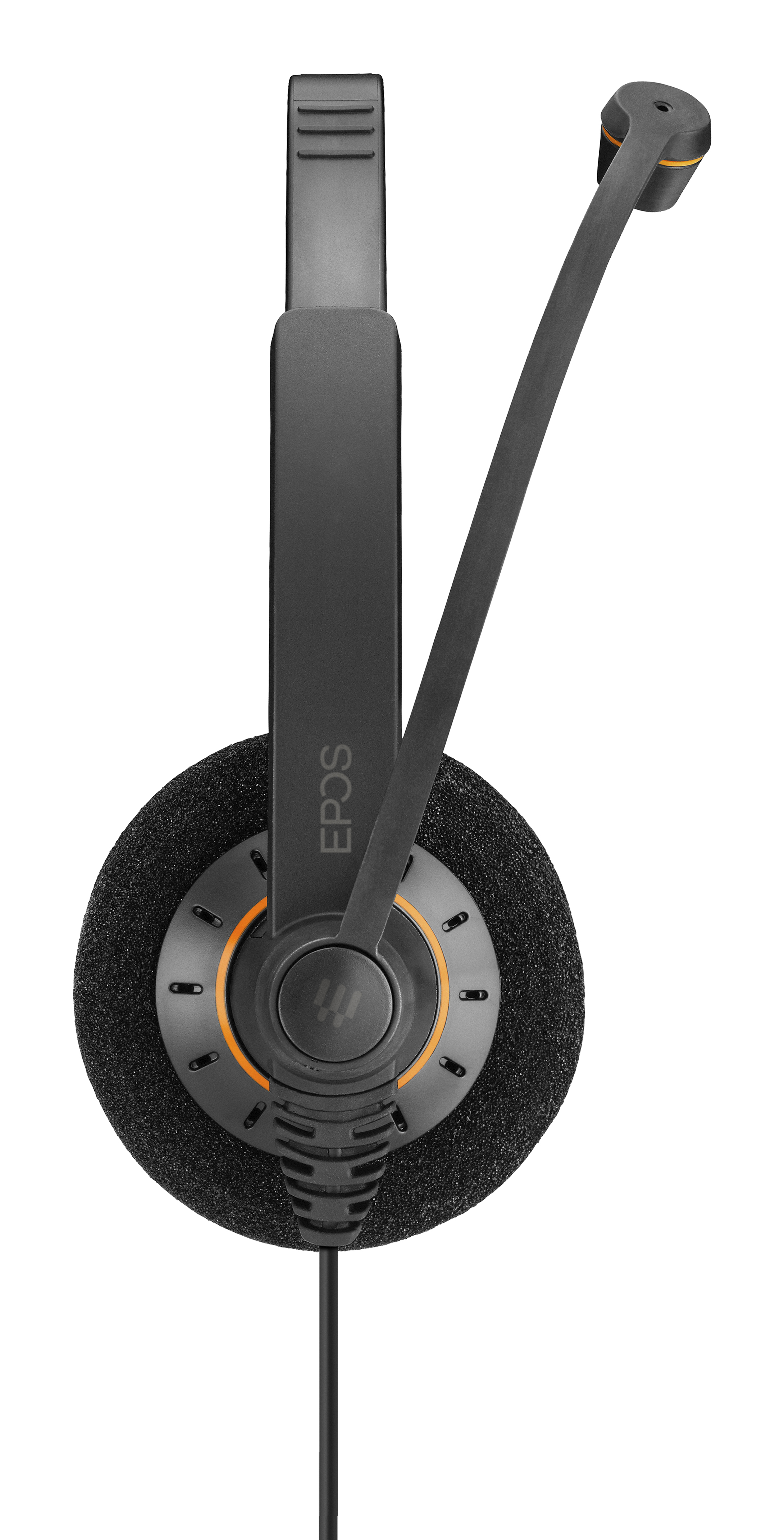 Czarny zestaw słuchawkowy EPOS z pomarańczowymi akcentami i elastycznym mikrofonem.