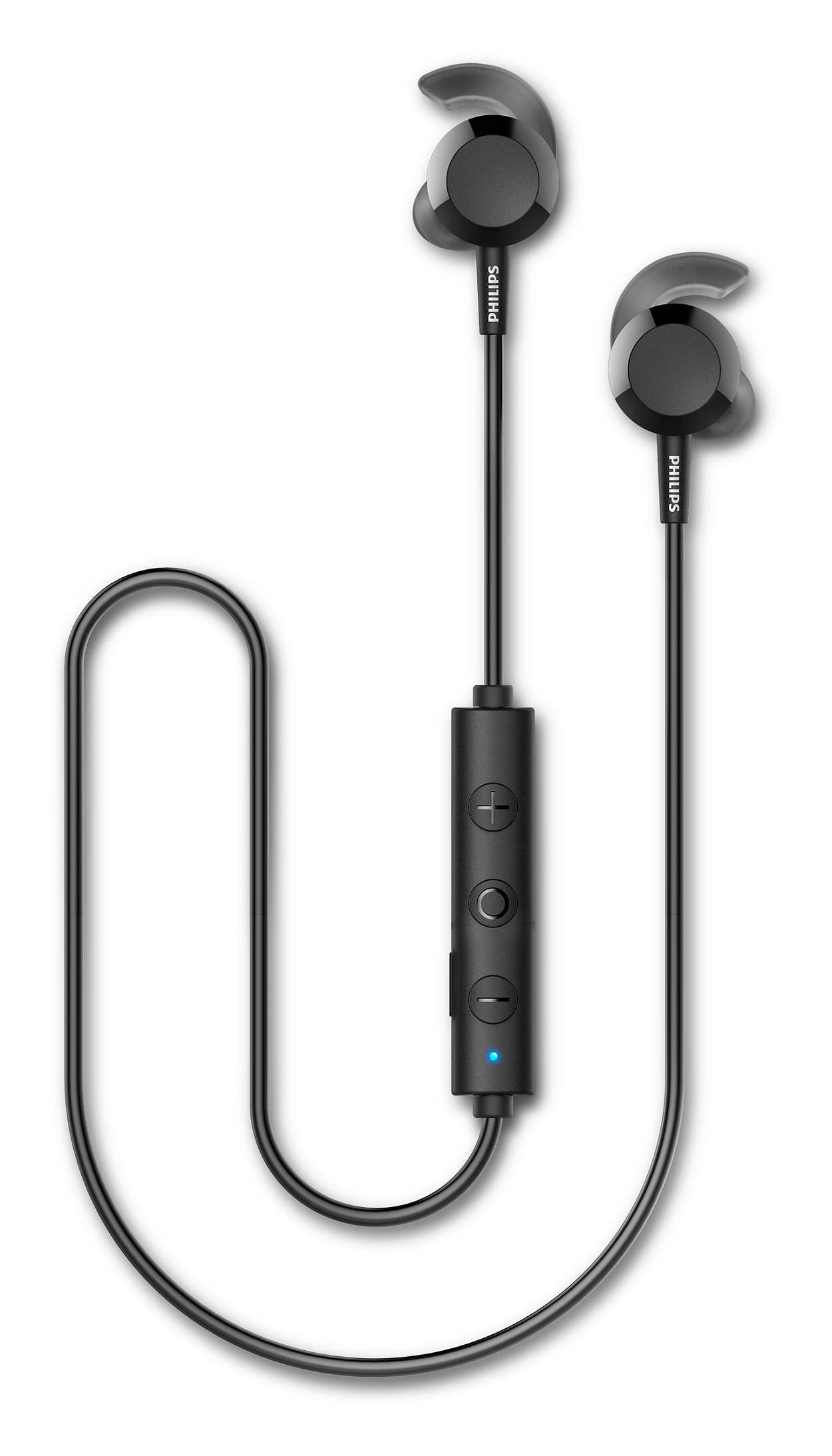 Schwarze Philips Ohrhörer mit Steuermodul. Die Ohrhörer sind durch ein schwarzes Kabel verbunden.
