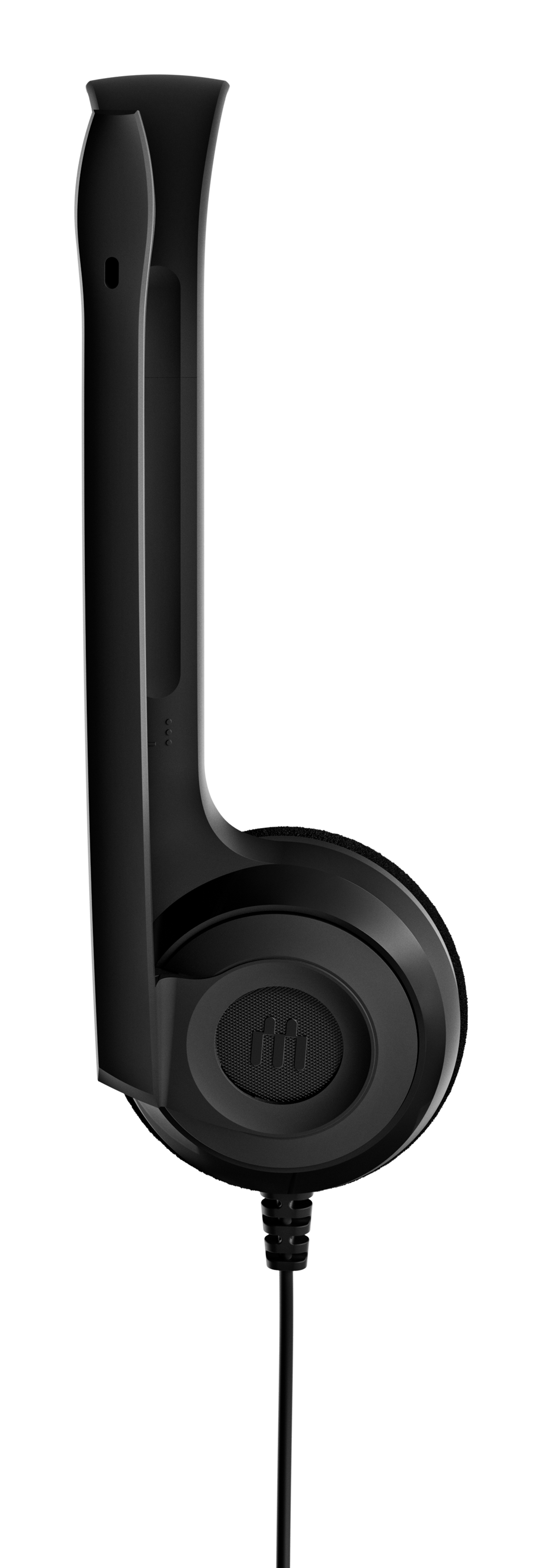 Czarny zestaw słuchawkowy z mikrofonem. Design jest elegancki i minimalistyczny. Zestaw słuchawkowy ma kabel.