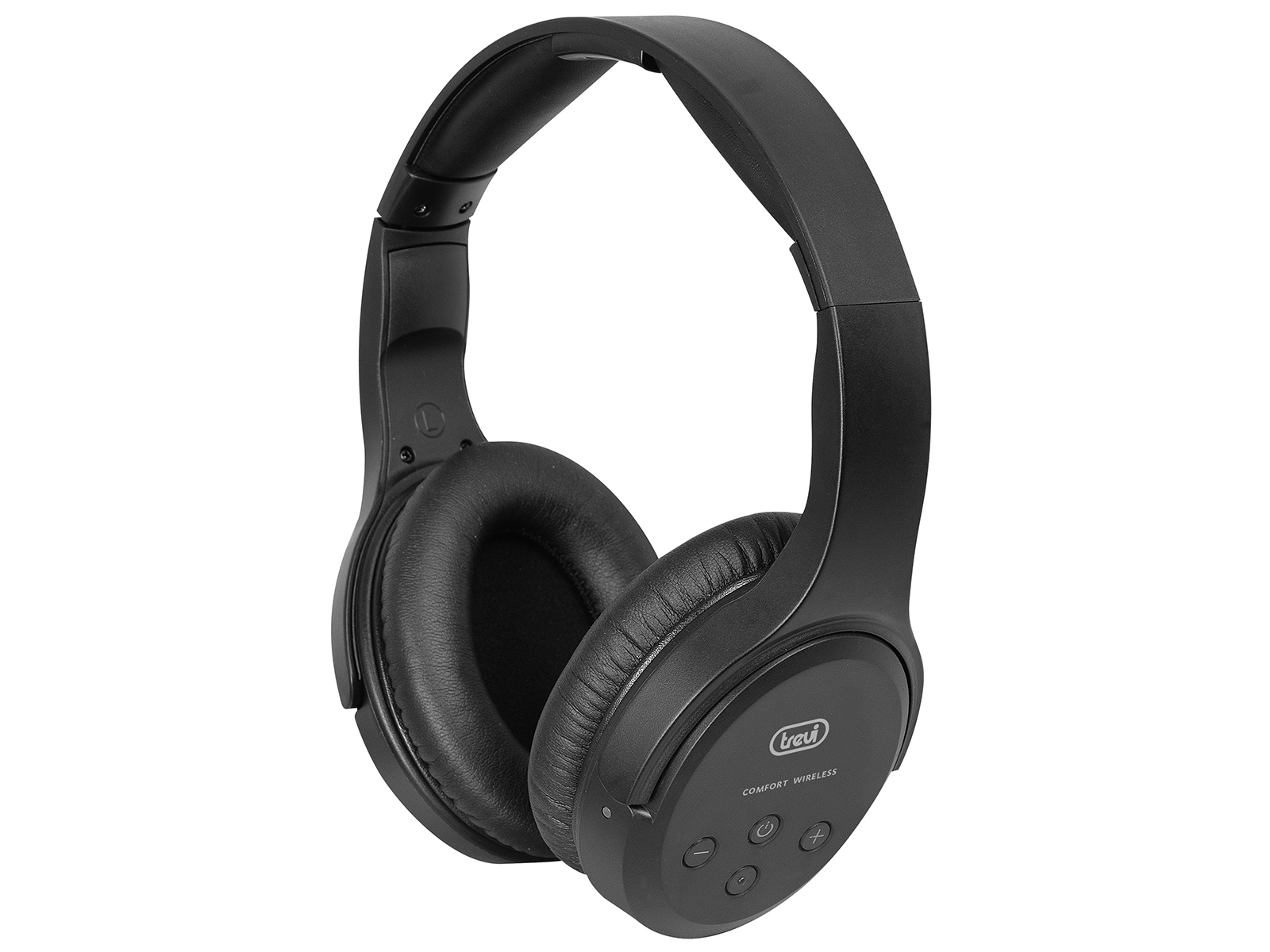 Auriculares negros circumaurales. Los auriculares tienen botones. Fondo blanco.